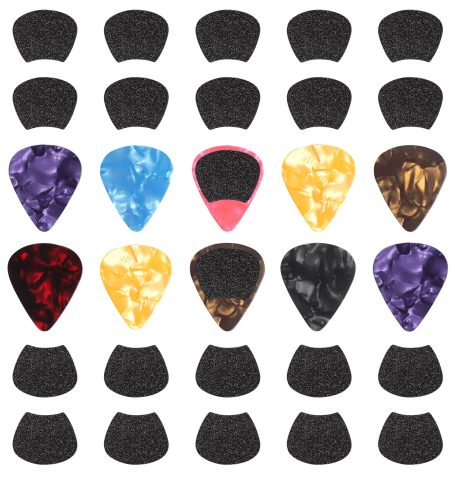 32pcs Guitar Picks Grips, Anti slip Silicone Soft Grips with 10 Guitar Picks, Self-Adhesive Guitar Pick Holder