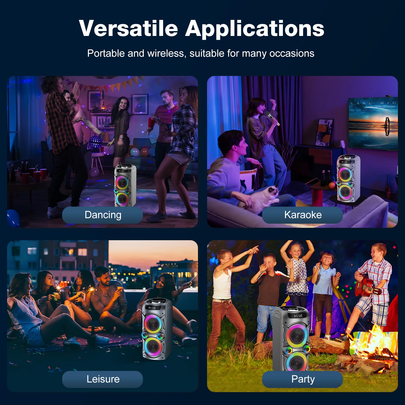 TYOTY Karaoke Machine with 2 Wireless Microphones, Portable PA System Big Bluetooth Speaker with LED Lights, Remote Control Support Bass/Treble Adjustment, TF Card/USB, REC for Adult Kids Home Party