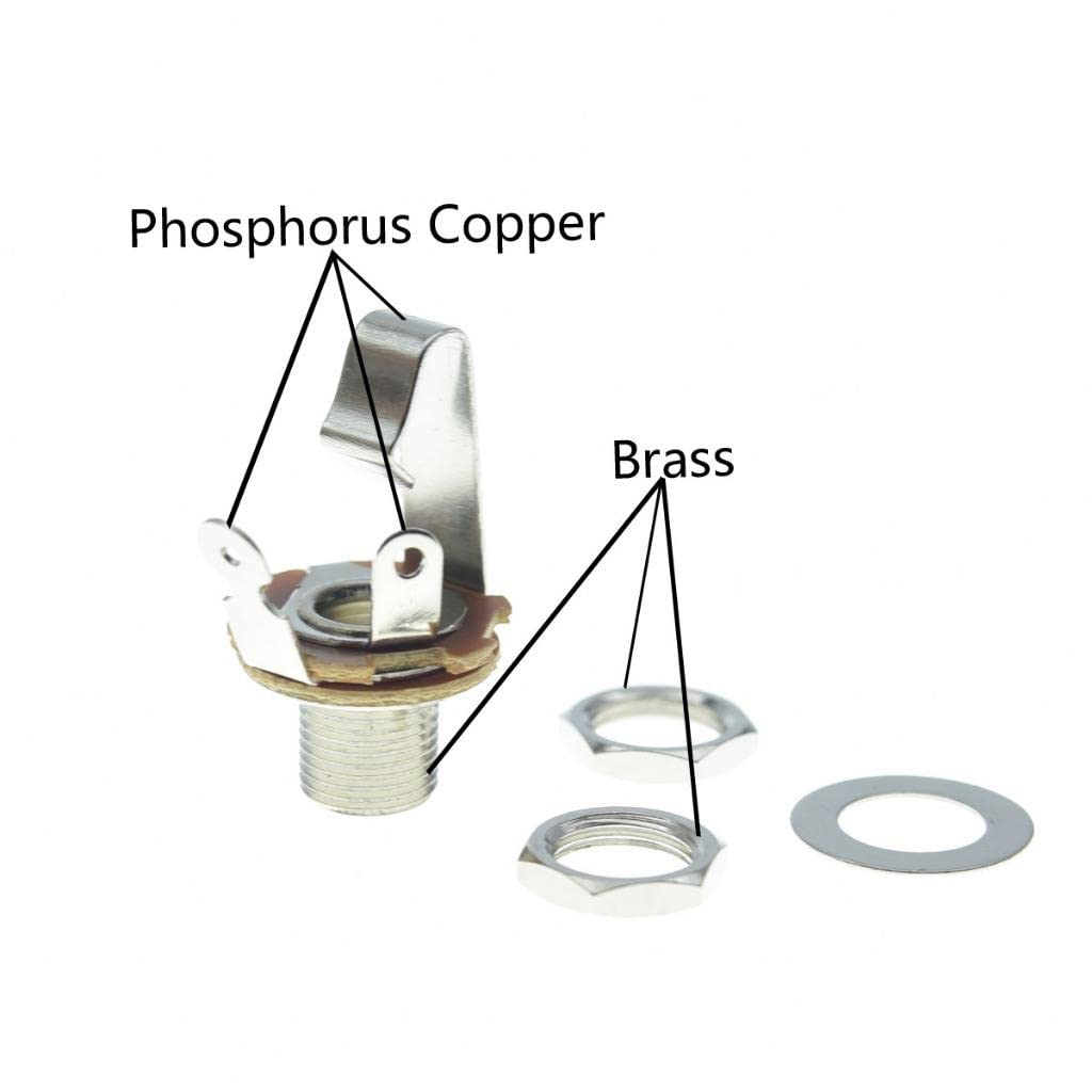 KAISH Nickel Premium 2-Pack Brass Material American Thread Audio 1/4″ Female Guitar/Bass Output/Input Jack 6.35mm TS Mono Panel Mount Jack Socket with Nuts and Washer
