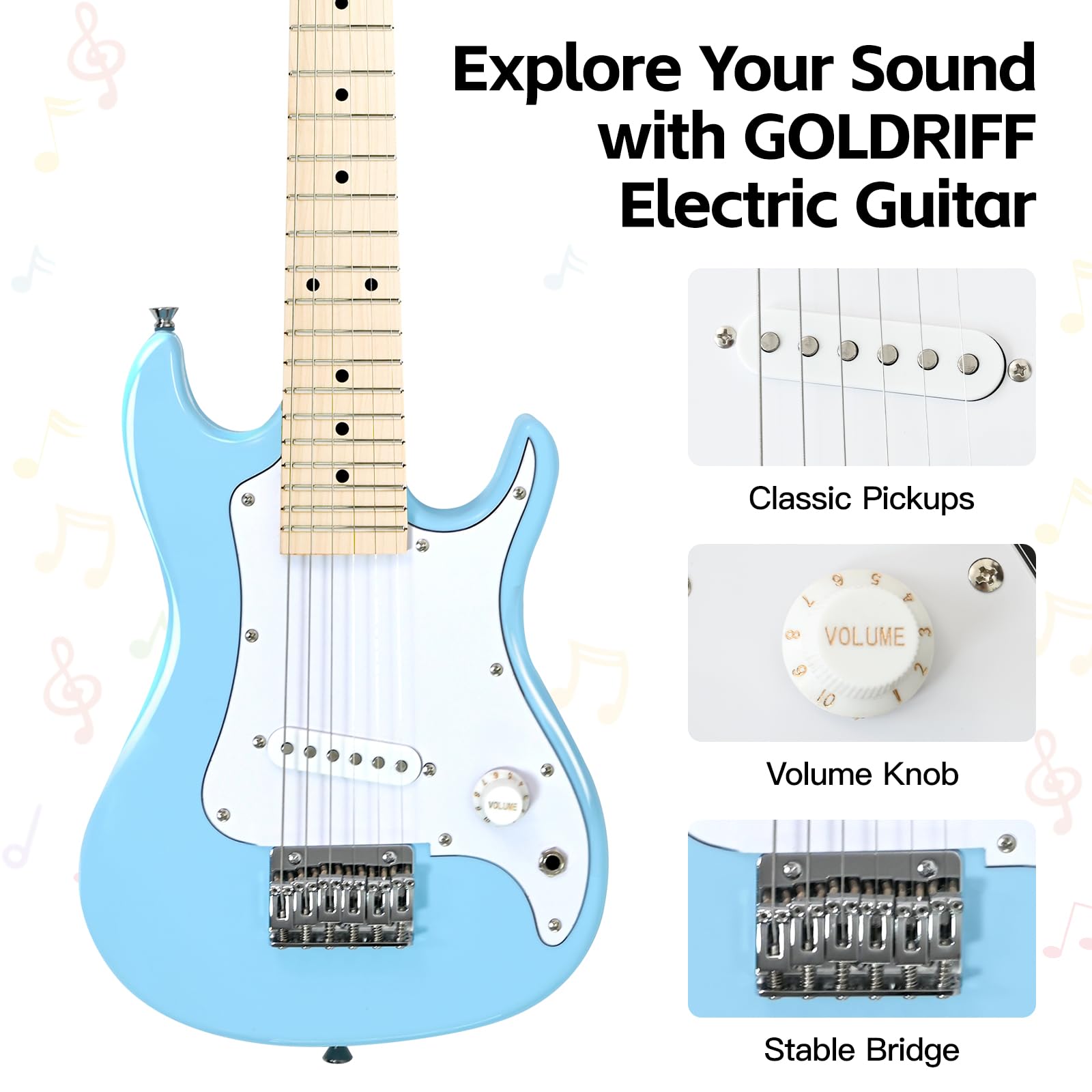 GOLDRIFF 30in Kids Electric Guitar Starter Kit for Beginners, Mini Electric Guitar with 5W Amp, Gig Bag, Strap, Extra Strings, Cable, 6 Picks, Clean Cloth and Free Online Lessons (Blue)