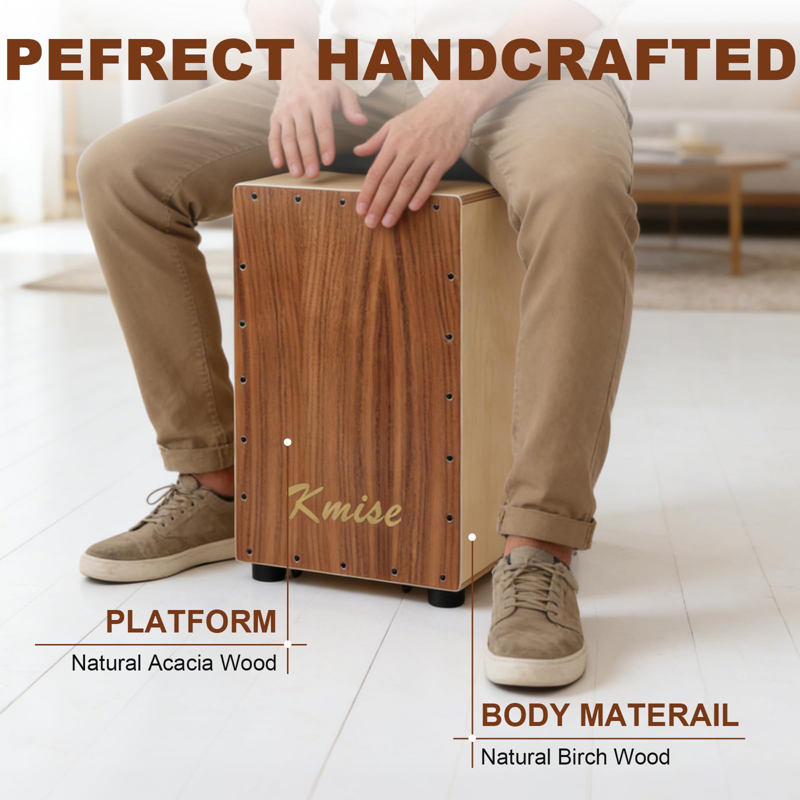 Kmise Portable Cajon Drum Box, 11.8×12.2×19″ Adjustable Snare Cajons Drums, Solid Acacia & Birch Wood, Percussion Instrument Gift for Adults Kids, With Carry Bag,for Home Live Performance Practice