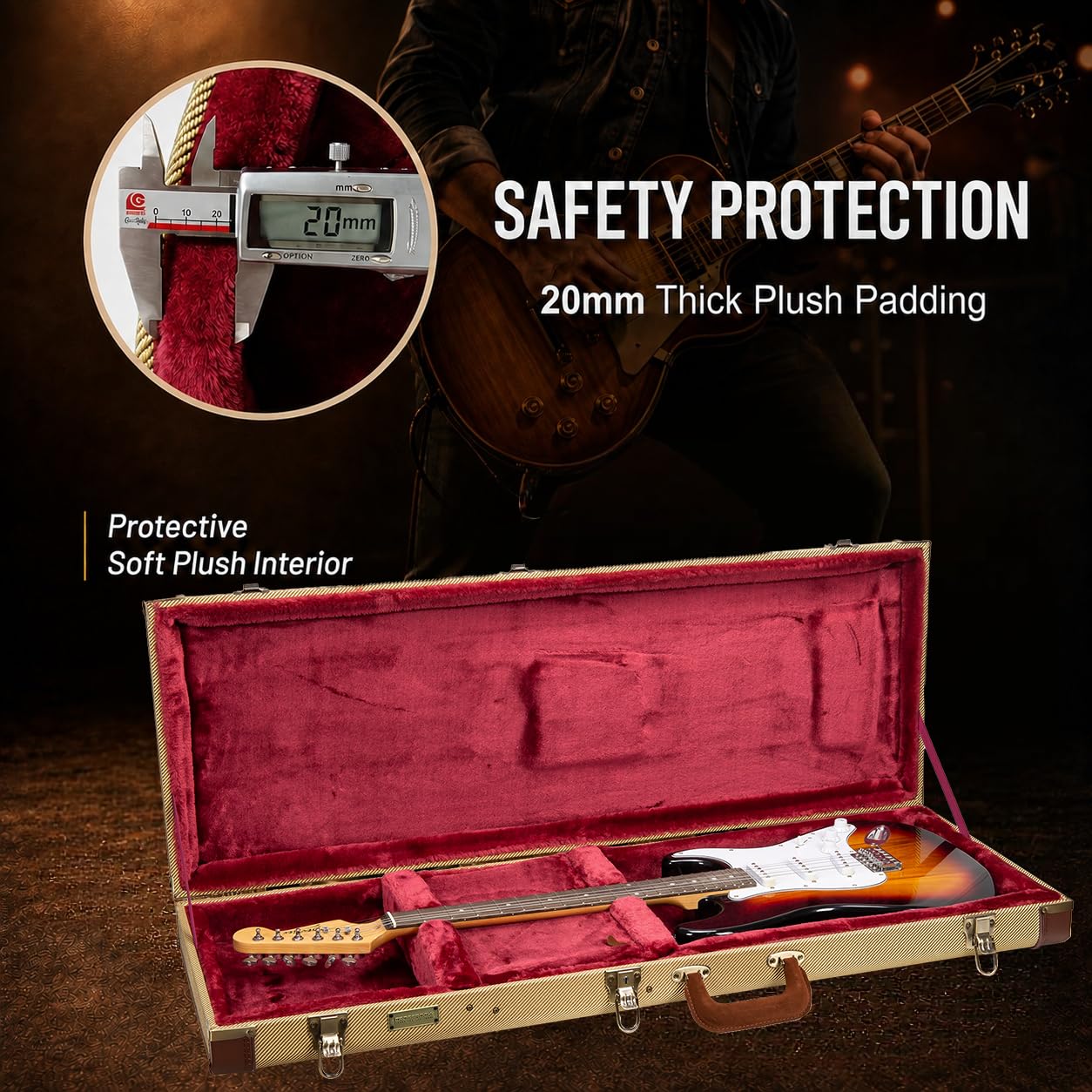 Crossrock Master Series Electric Guitar Case for Fender Stratocaster & Telecaster | Fabric Tweed Exterior, Re-Engineered Wooden Shell, Leather Handle(CRW720EFT)