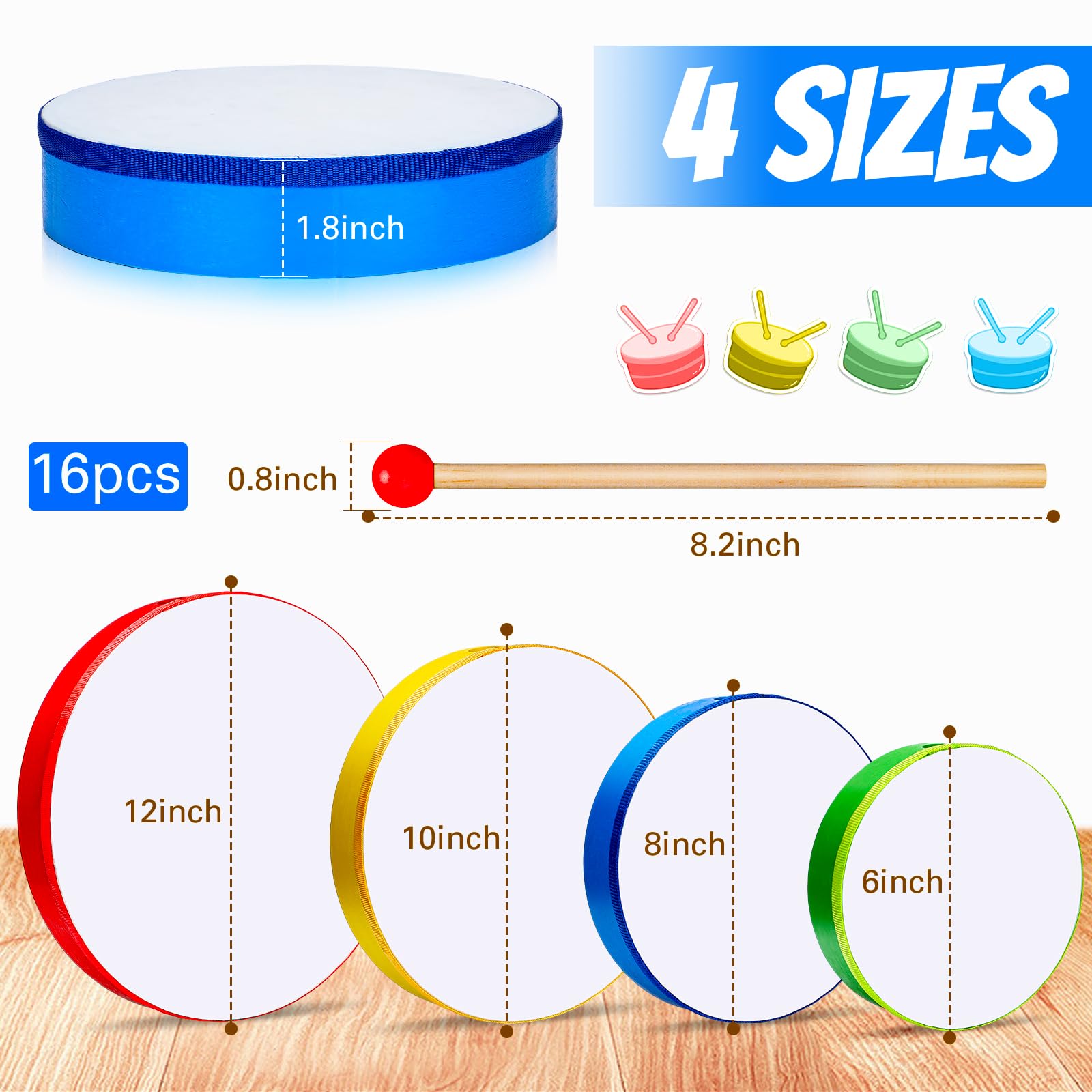 Boao 8 Pcs Hand Drums with Stick 12 10 8 6 Inch for Beginners Multicolor