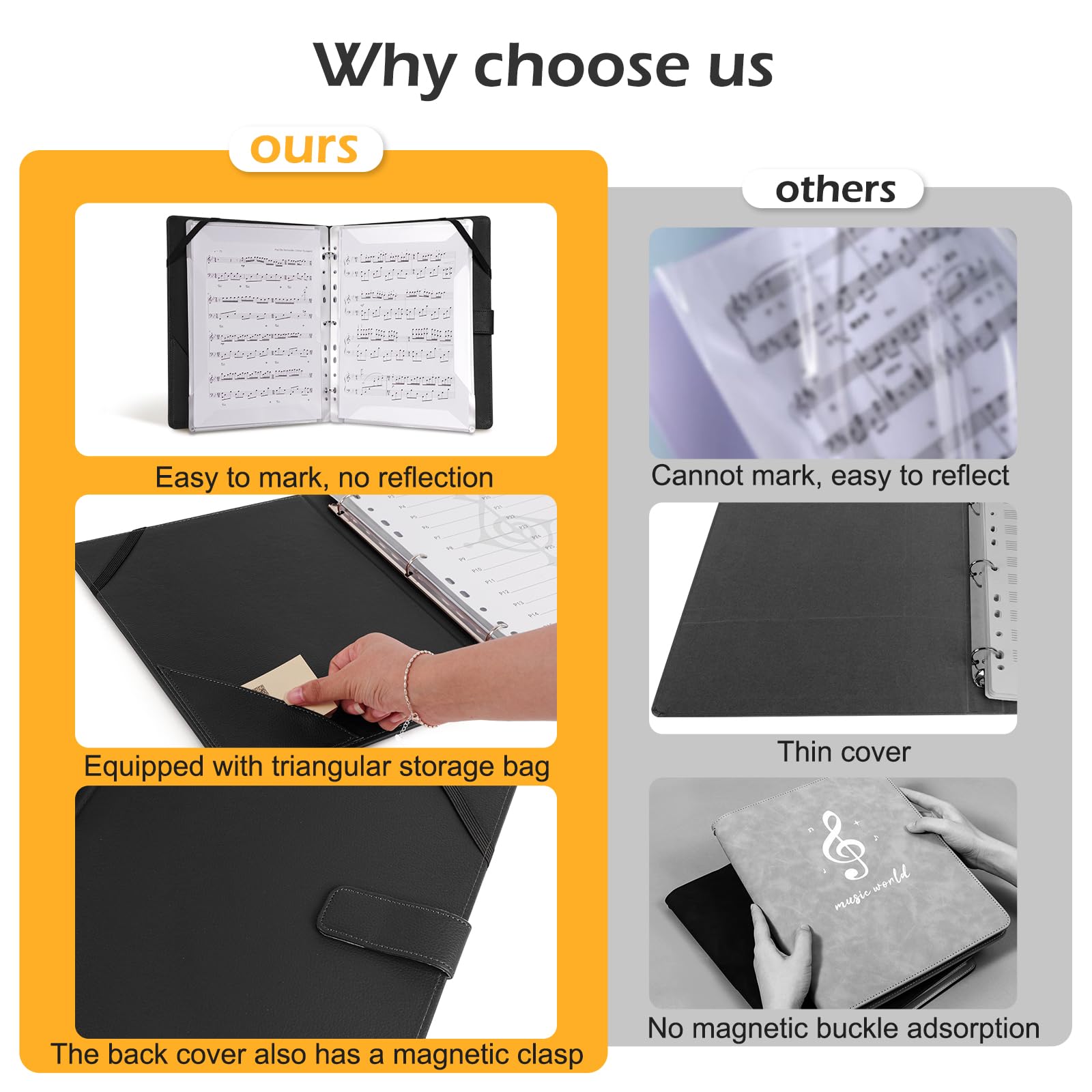 Rockhouse Black Sheet Music Folder Writable 3 Ring Binder with 30 Sleeves