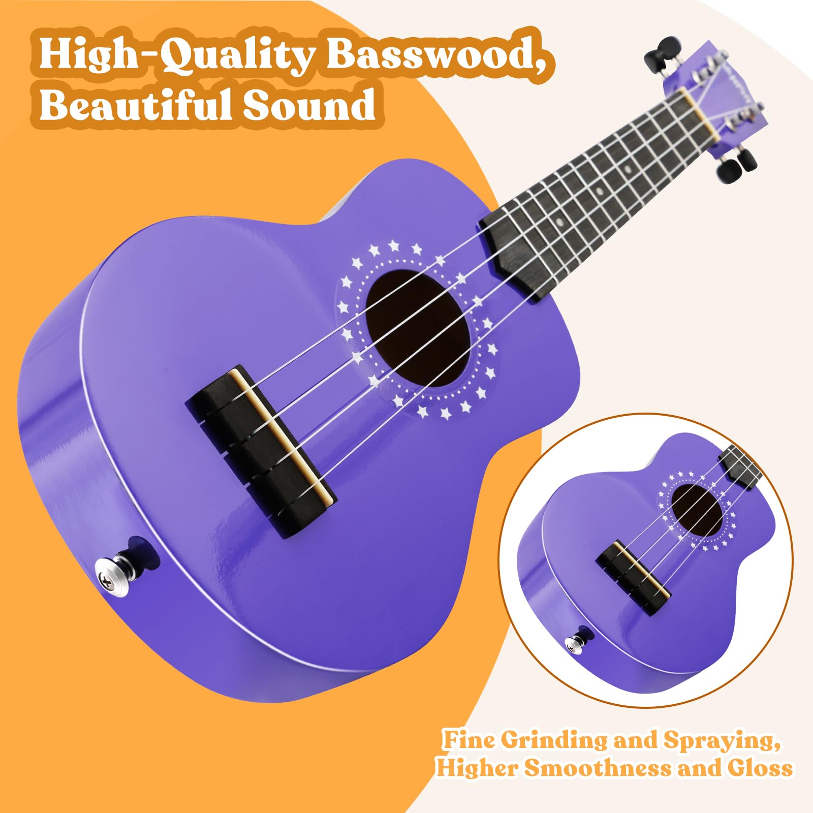 VANPHY Soprano Ukulele for Kids 21 Inch Ukelele with Bag Strap Picks Songbook Cleaning Cloth Suitable for Adults and Beginners(Purple)