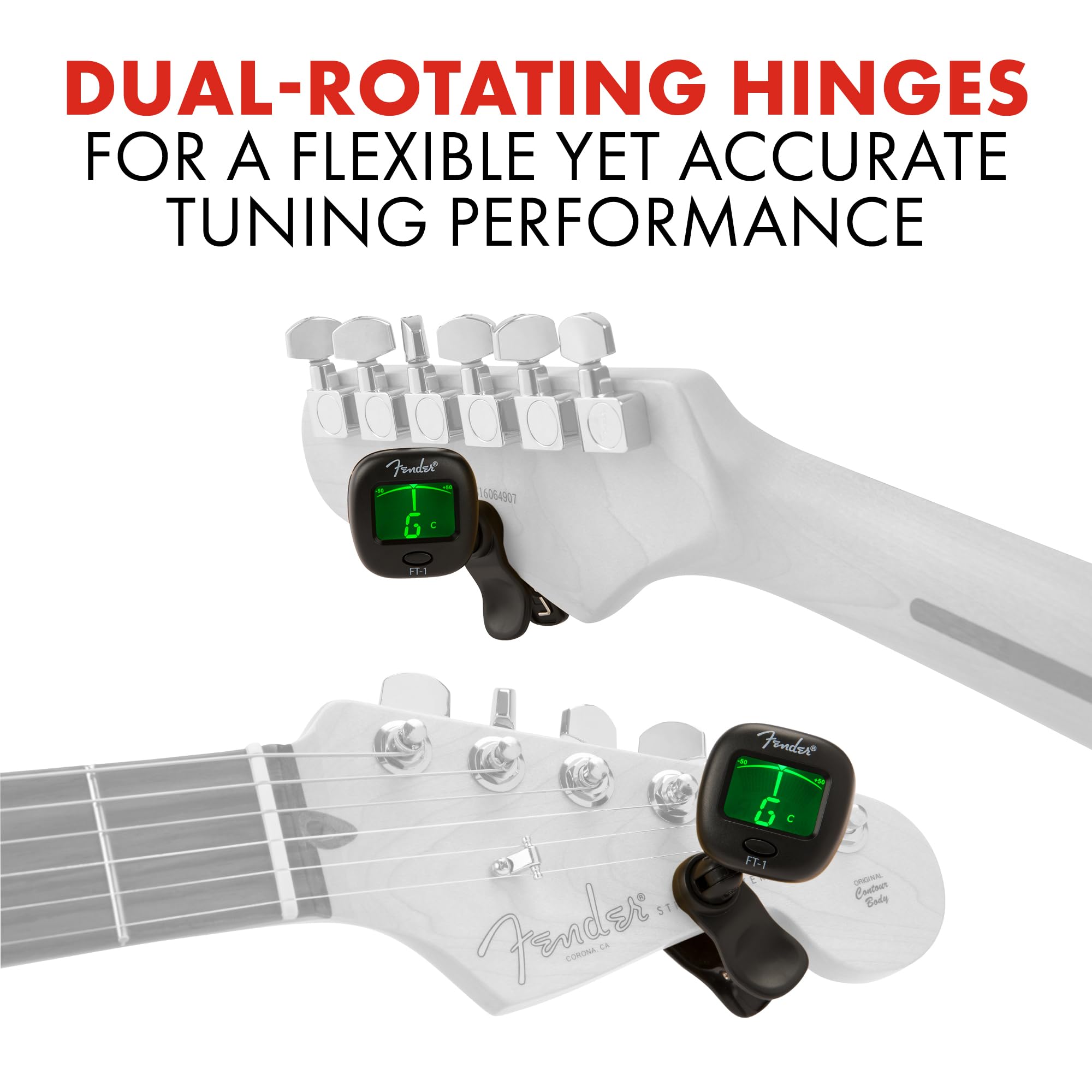 Fender 239978000 FT-1 Professional Guitar Tuner Clip On, Guitar Accessories, with 1-Year Warranty, Full-Range Chromatic Guitar Tuner with Dual-Rotating Hinges, A4 Calibration