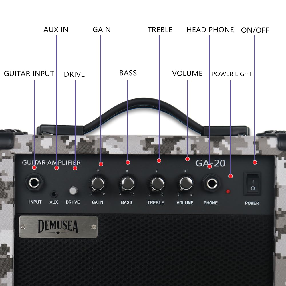 Demusea Electric Unique Shape Guitar With 20W Camo Amp Kit Bundle 39Inch Guitar 24Frets Single Tremolo HSH Pickup Noiseless Cable Capo Bag Strap Picks Strings Wrenches Free In (FIRE, Camo Grey)