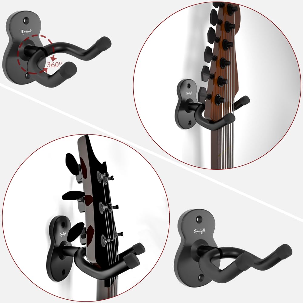Spoligod Guitar Wall Mount Hanger, 6 Pack Guitar Hanger for Wall, Black Metal Guitar Holder Rack Stand for Basses, Electric Guitar, Acoustic Guitar and Ukulele