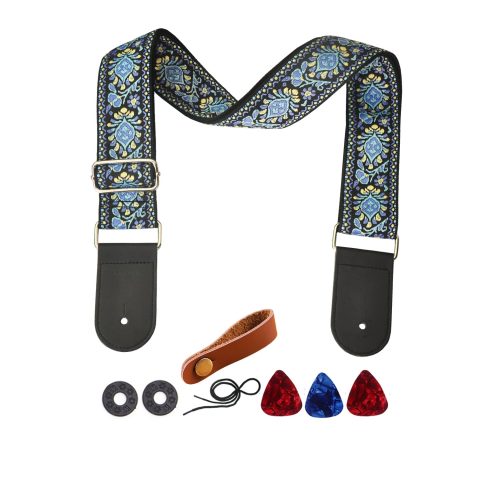 Farcaya Guitar Strap Embroidered Weave Flower Adjustable Shoulder Strap with 2Strap Lock Button 3Picks Headstock Strap Tie for Acoustic Electric Bass(Yellow+White)