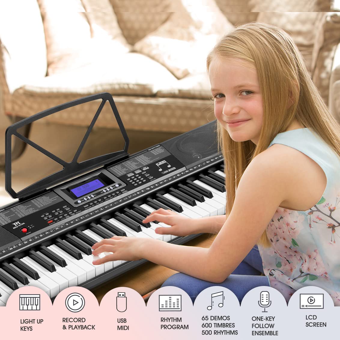 MUSTAR Piano Keyboard, 61 Key Keyboard Piano with Lighted Up Keys, Electric Piano Portable Piano Keyboard for Beginners with Stand, Sustain Pedal, Headphones, Microphone