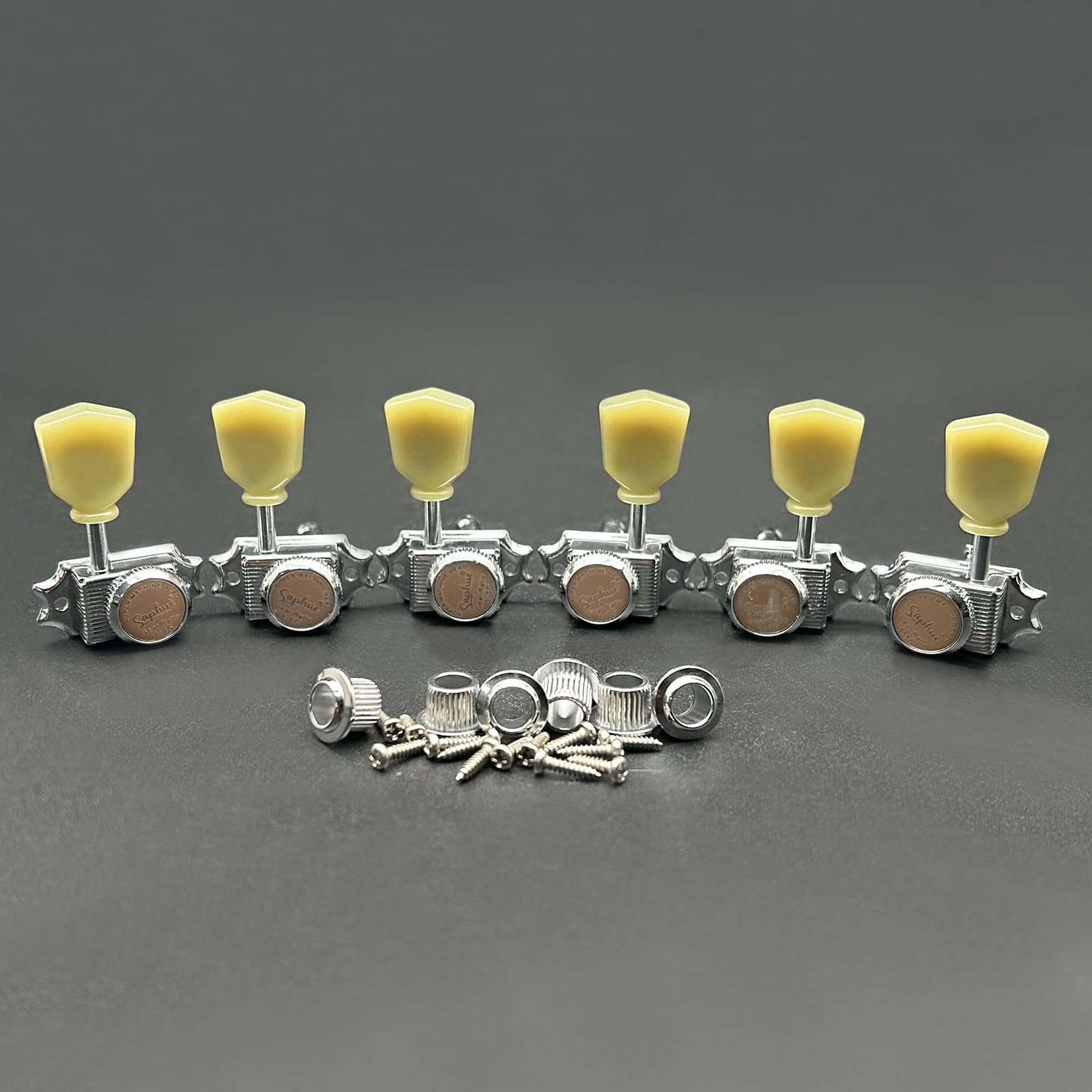 SAPHUE 3+3 Vintage Style Locking Guitar Machine Heads – 1:15 Ratio Lock String Deluxe Tuning Key Pegs Tuners Set Replacement for Electric, Acoustic or Folk Guitars (Chrome)