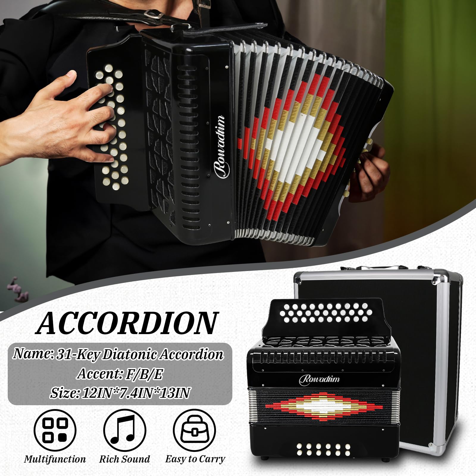 Accordions 31 Key 12 Bass Diatonic F/B/E Accordion Carry Kit (Black)