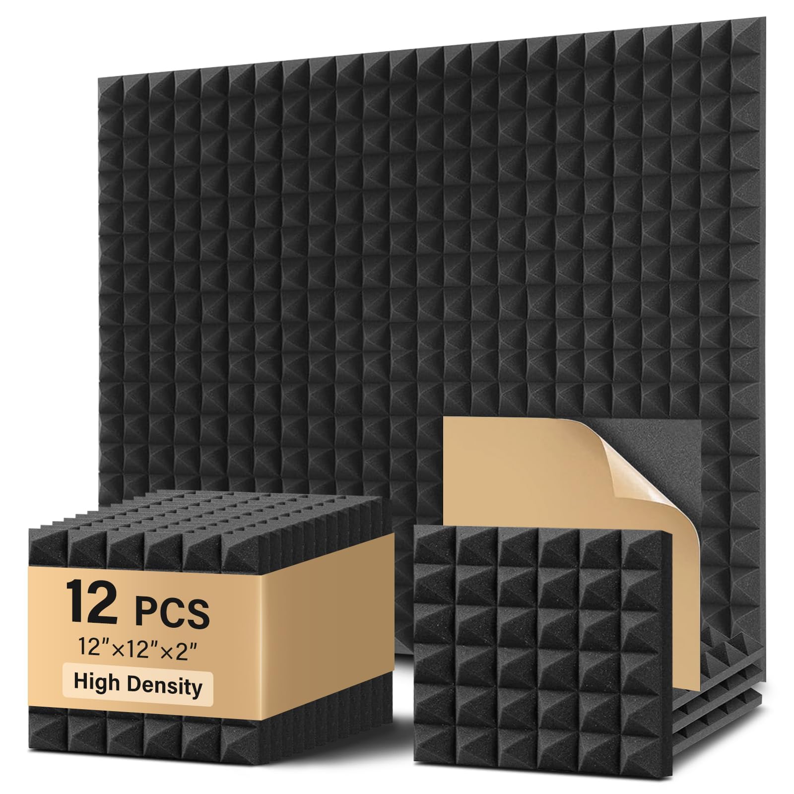 Pyramid Sound Proof Foam Panels 12 Pack, Bwaliffury High Density Self-Adhesive Sound Absorbing, 12″ X 12″ X 2″ Fire Resistant Acoustic Foam Panels, Sound Panels, Studio Foam for Wall, Ceiling (Black)