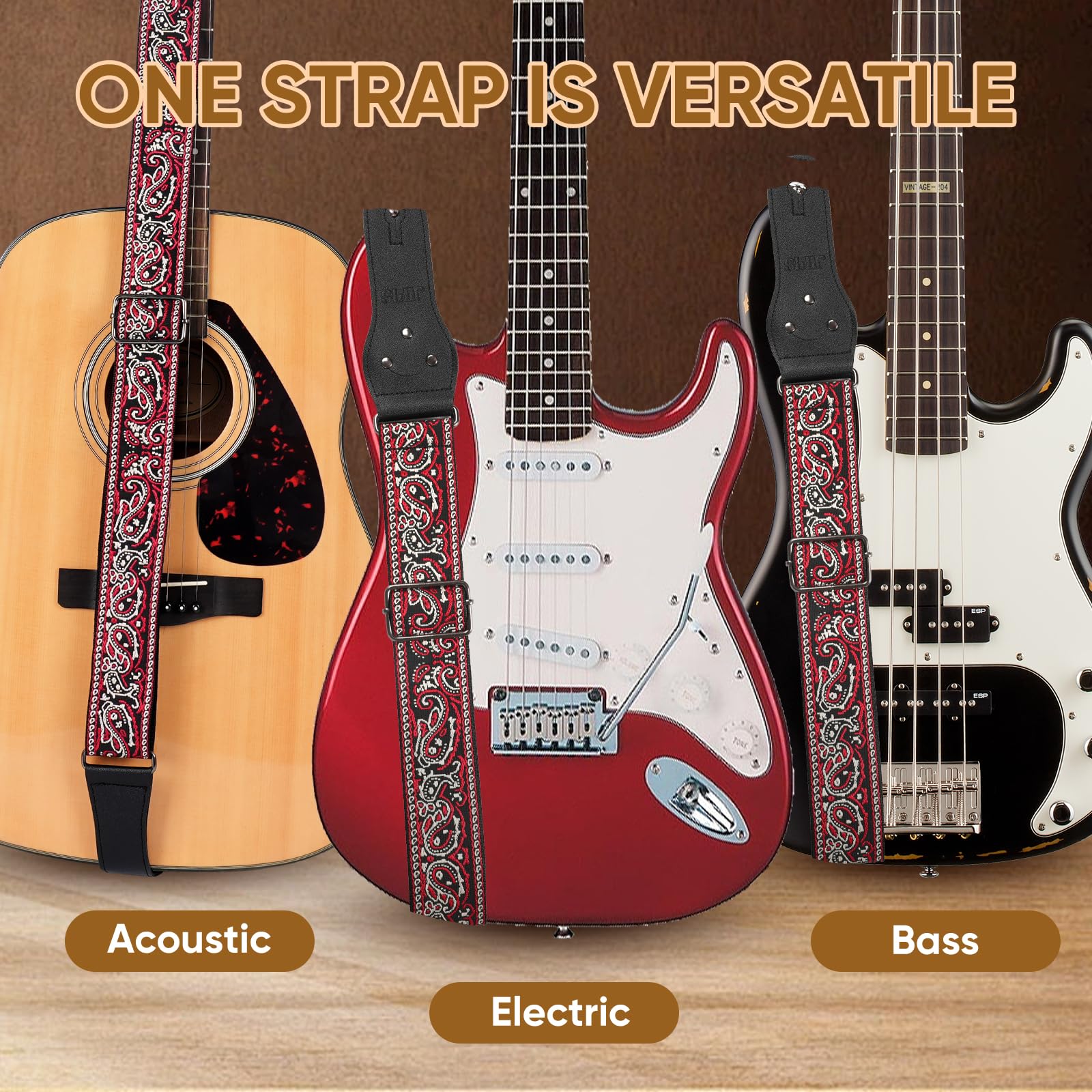 JIPIS Embroidered Cotton Guitar Strap – Adjustable Length with Anti Slip Buckles, Free Head Strap, 3 Guitar Picks (GS-08-1 Red Embroidery)