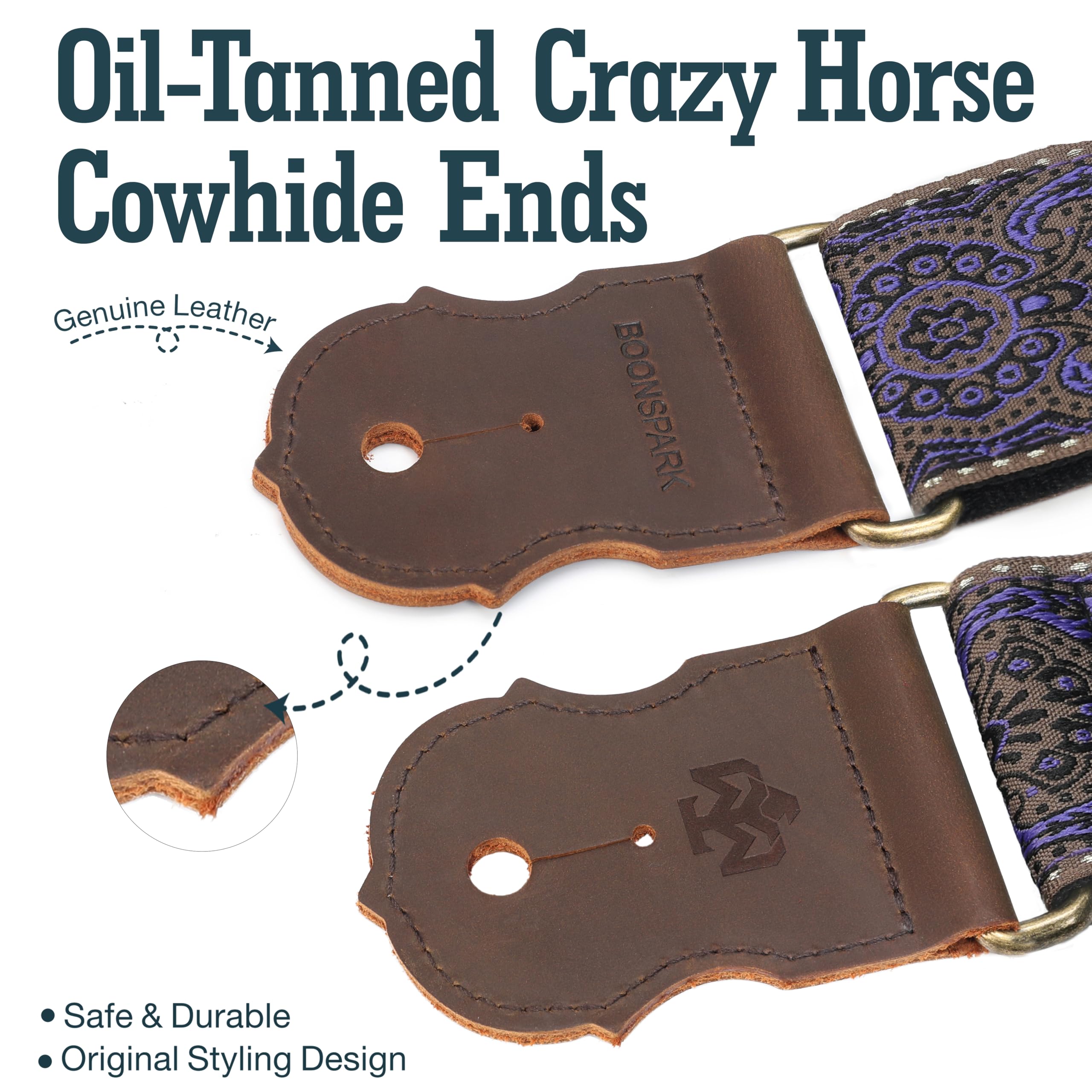 BOONSPARK Guitar Strap – Double Layer Crazy Horse Cowhide Ends,Safe Durable,2in,Soft Adjustable Guitar Straps for Acoustic&Electric Guitars,Bass,Ukulele,Guitarists Gift Set,Purple Blossom