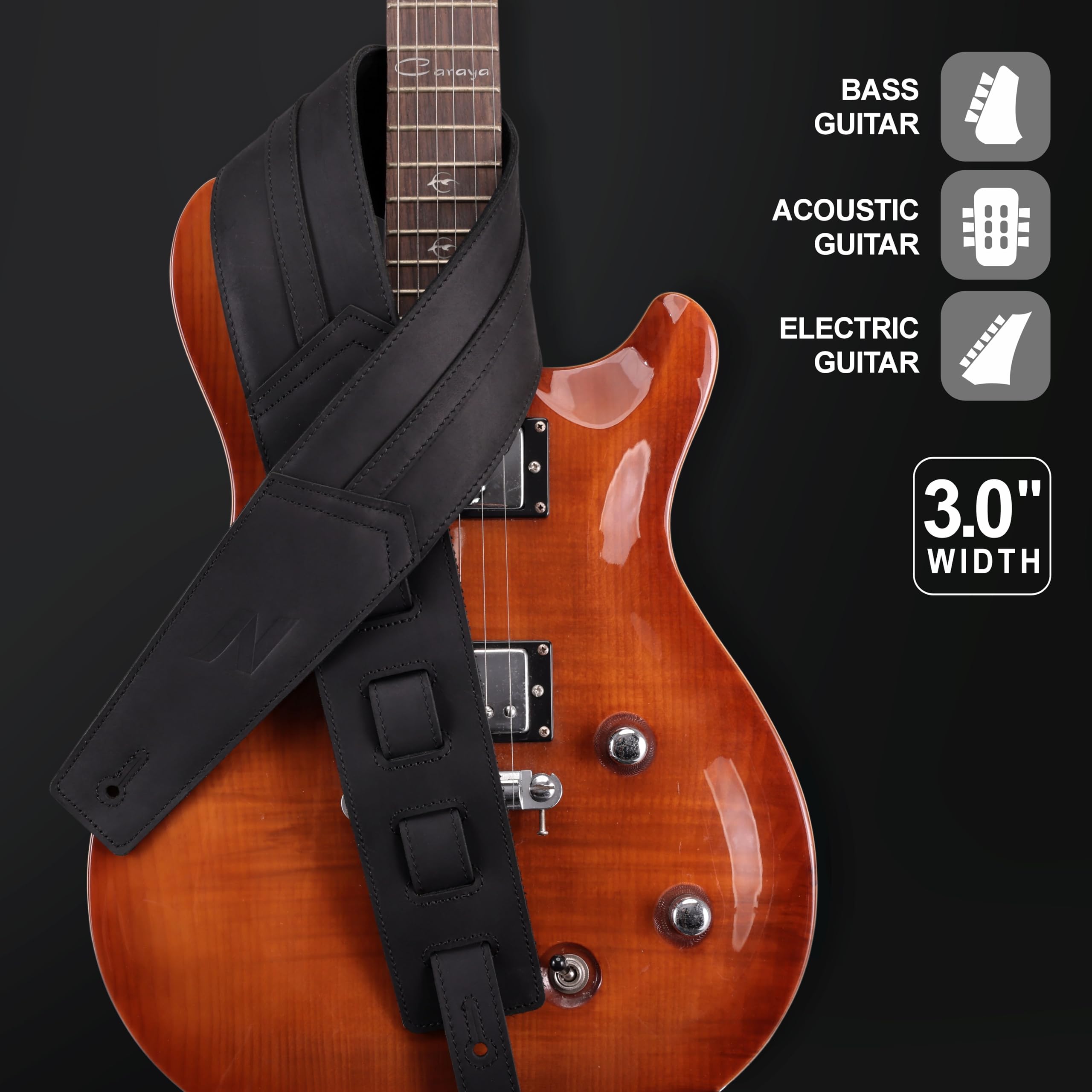 Nefelibata 3″ Guitar Strap, Full Grain Leather, 57″ Long with Foam Padding, for Bass, Electric and Acoustic Guitars(Charcoal Black)