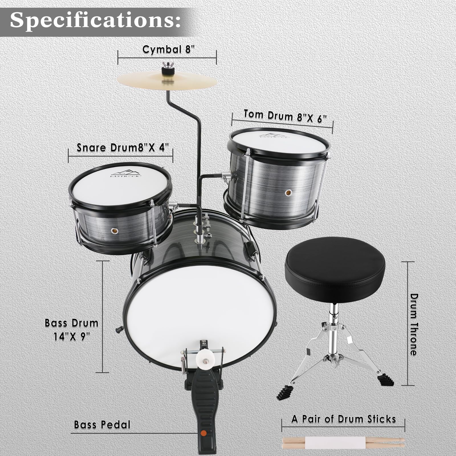 EASTROCK 3 Piece 14” Junior Drum sets for Drummer,Gray
