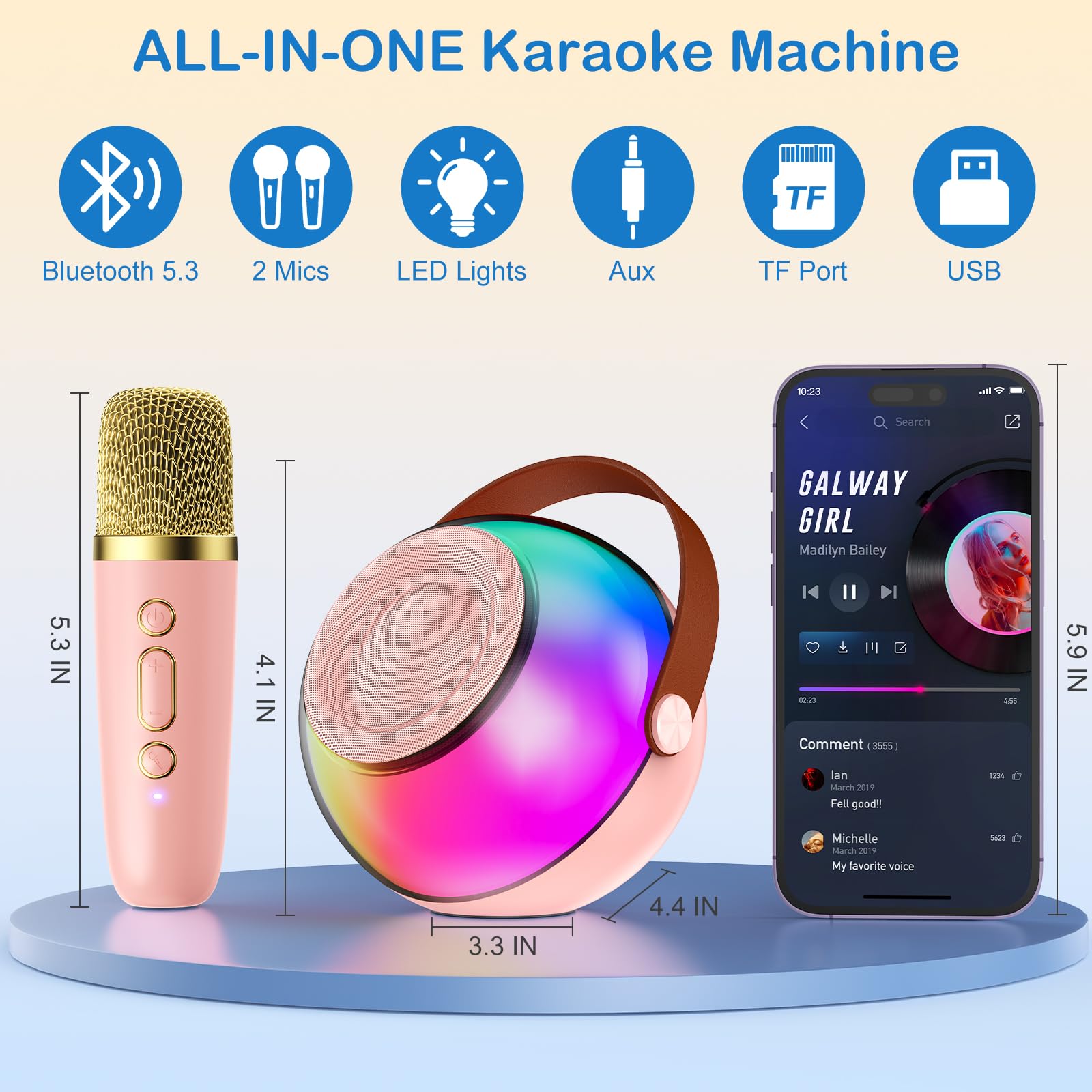 Mini Karaoke Machine for Kids Adults, Portable Bluetooth Speaker with 2 Wireless Microphones, Karaoke Toys for Family Party, Birthday Gifts for Girls Ages 4, 5, 6, 7, 8, 9, 10, 12+ (Beige, 1 Mic)