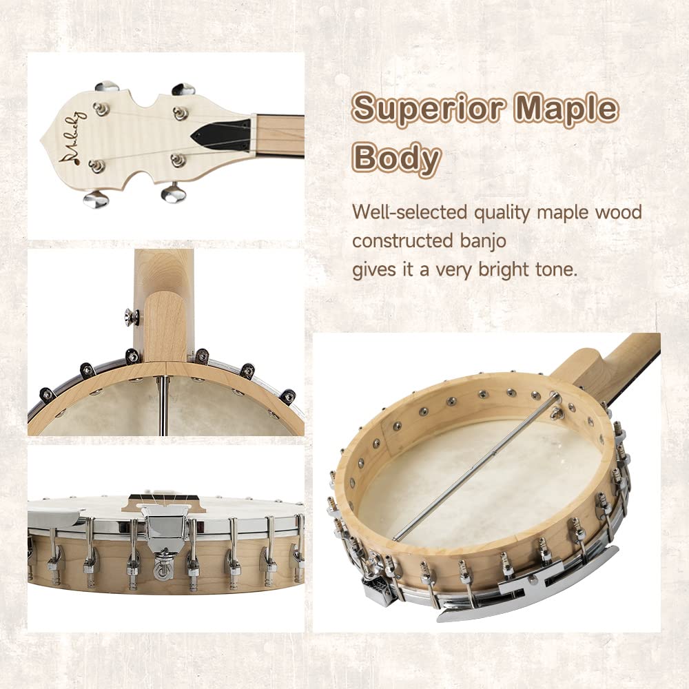 Mulucky 5 String Open Back Banjo MB1101, Maple 24 Brackets Remo Head Kit