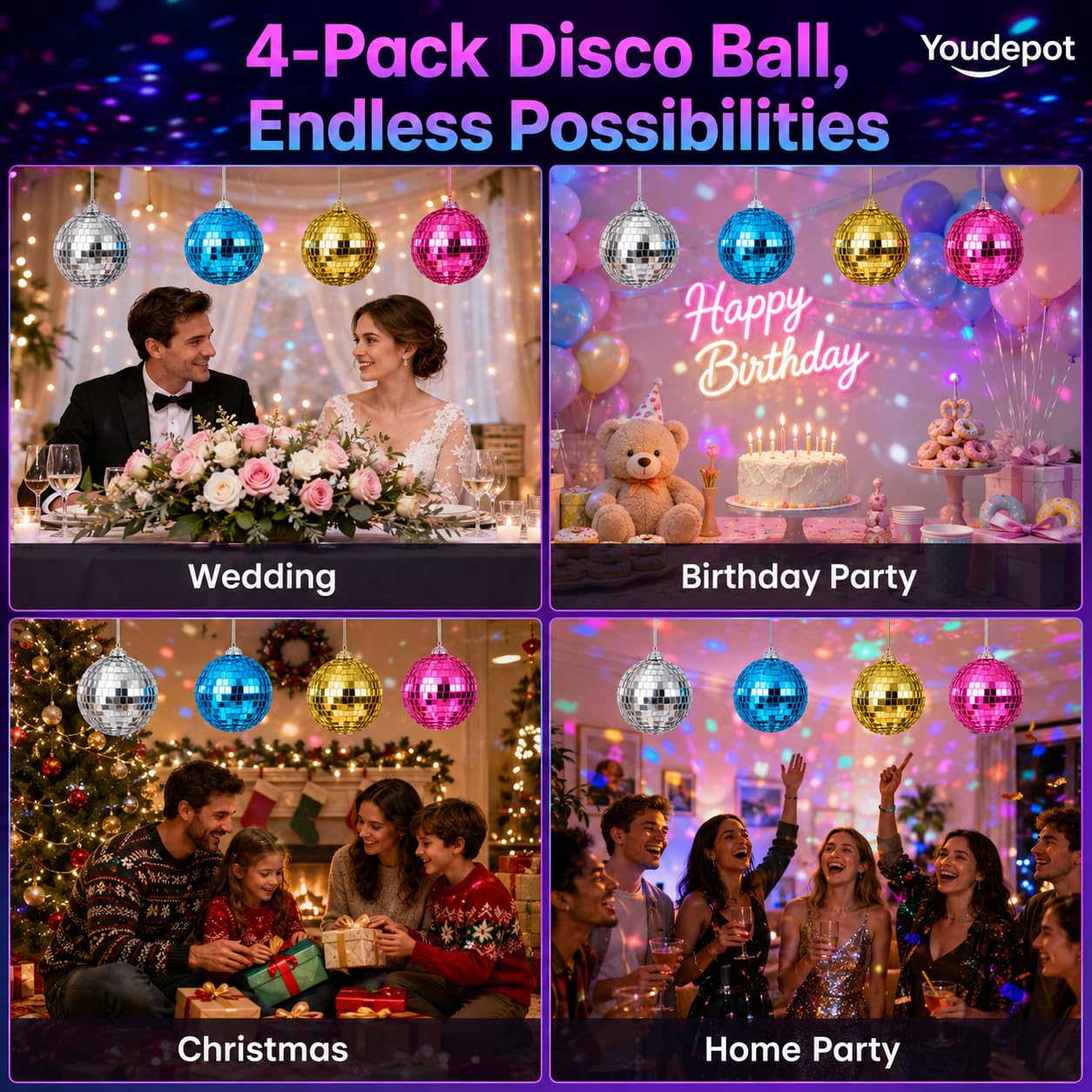 Youdepot Disco Ball 4-Pack 4″ Hanging Christmas Decor