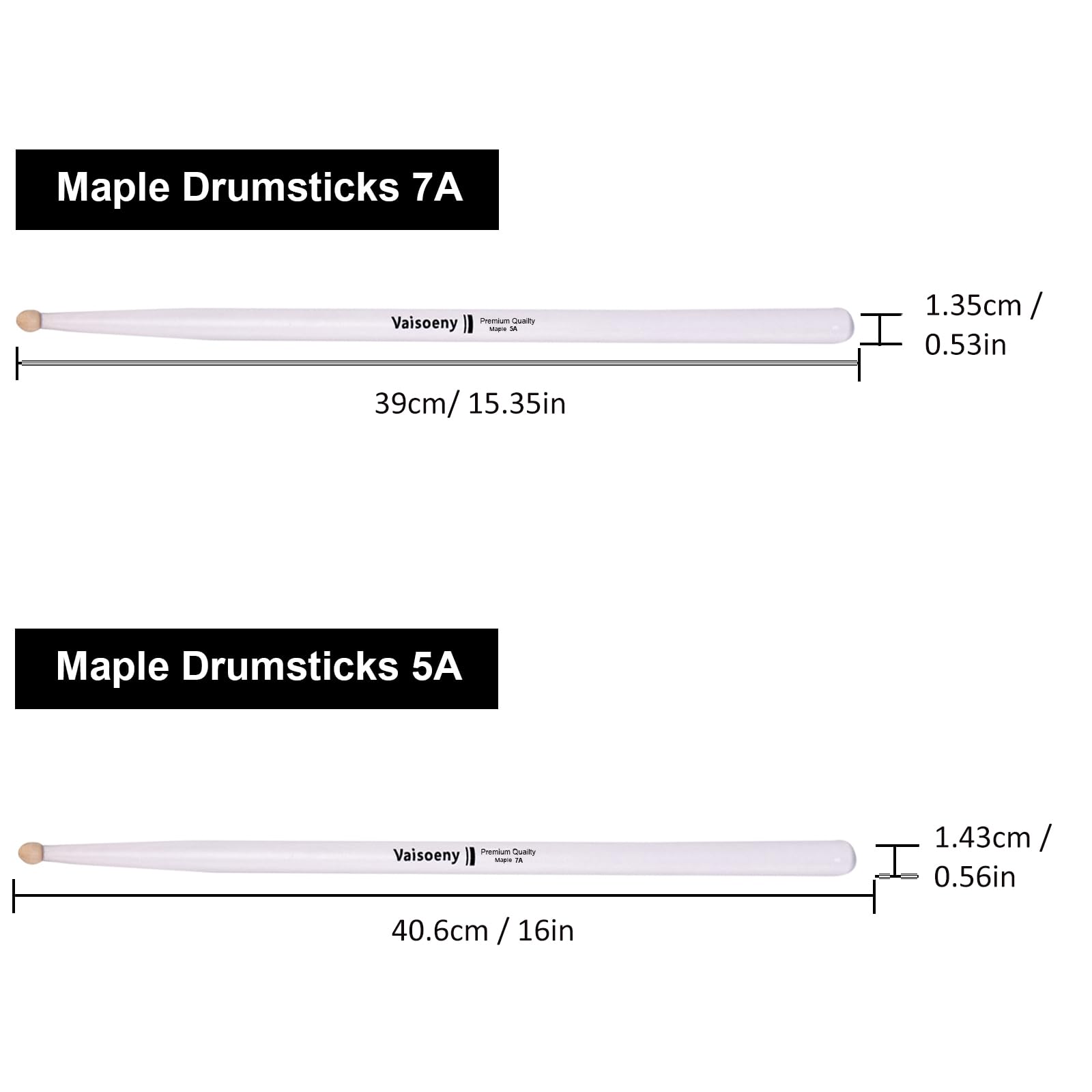 VAISOENY 5A Drumsticks, 6 Pairs Lacquered Maple Wood Drum Sticks (White)