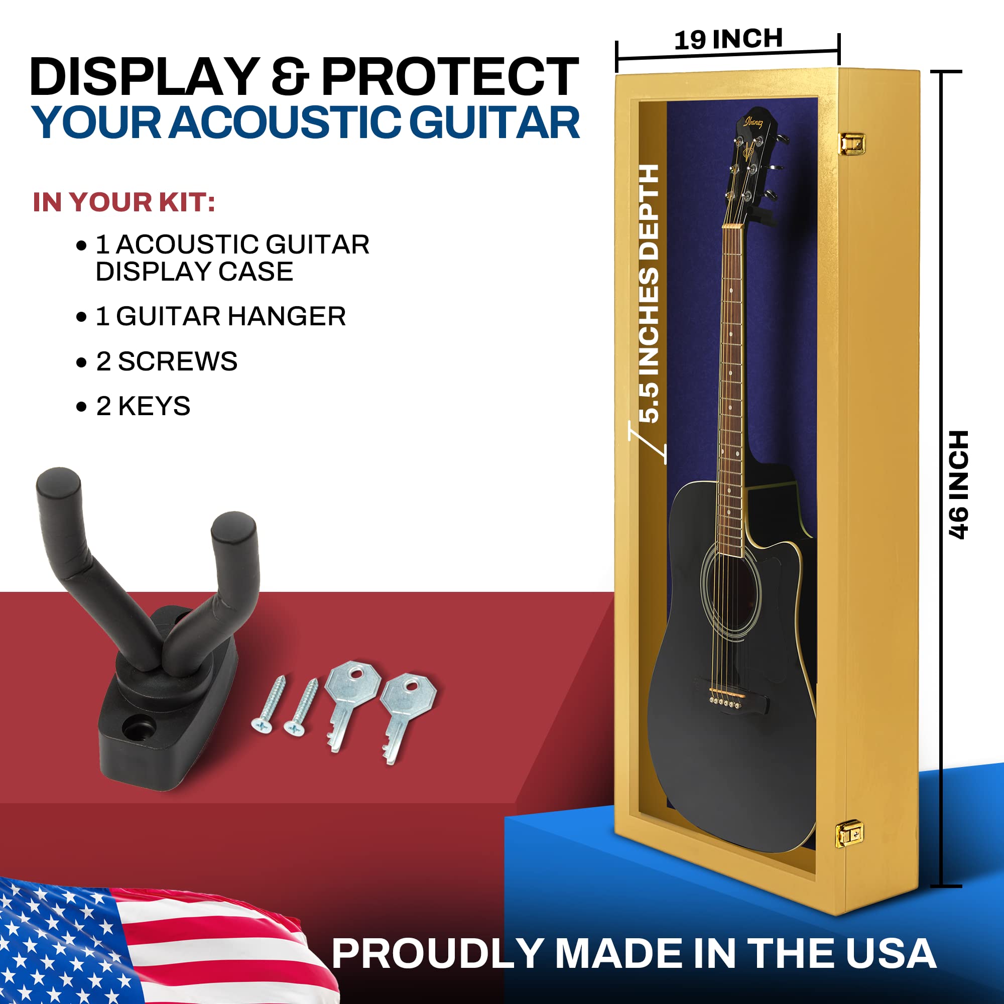 PENNZONI Acoustic Guitar Display Case – Acrylic Acoustic Guitar Case – Guitar Display Case Wall Mount Made from Hardwood Frame & Clear Acrylic – Golden Oak w/Felt Blue