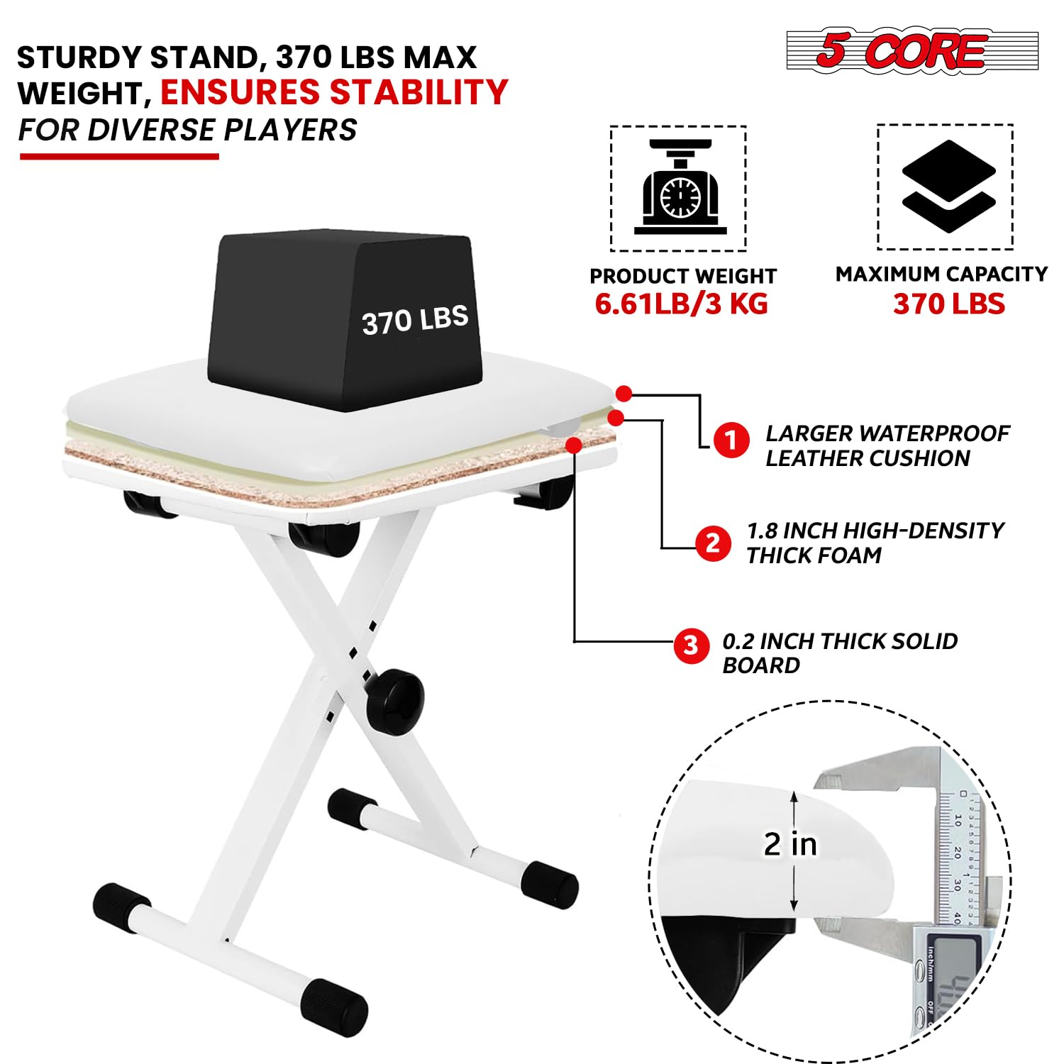 5 CORE Keyboard Bench X Style Padded Cushion Height Adjustable Piano Stool Seat Portable Keyboard Chair for Keyboards Digital Piano White – KBB 02 WH