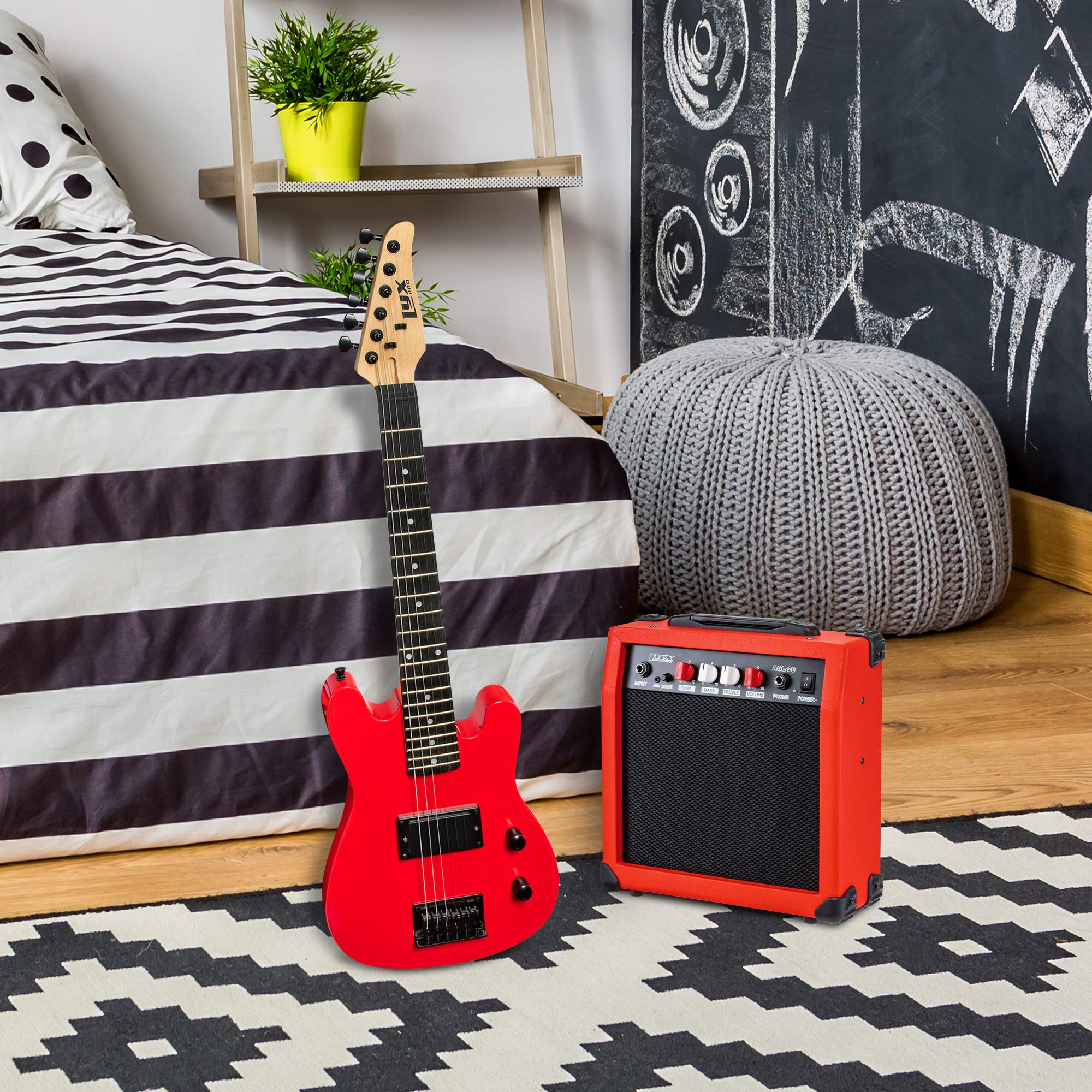 LyxPro 30 Inch Electric Guitar and Starter Kit for Kids with 3/4 Size Beginner’s Guitar, Amp, Six Strings, Two Picks, Shoulder Strap, Digital Clip On Tuner, Guitar Cable and Soft Case Gig Bag – Red