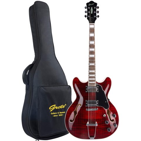 GROTE Jazz Electric Guitar Semi-Hollow Body Trapeze Tailpiece Bridge Guitar Gig Bag (RED)