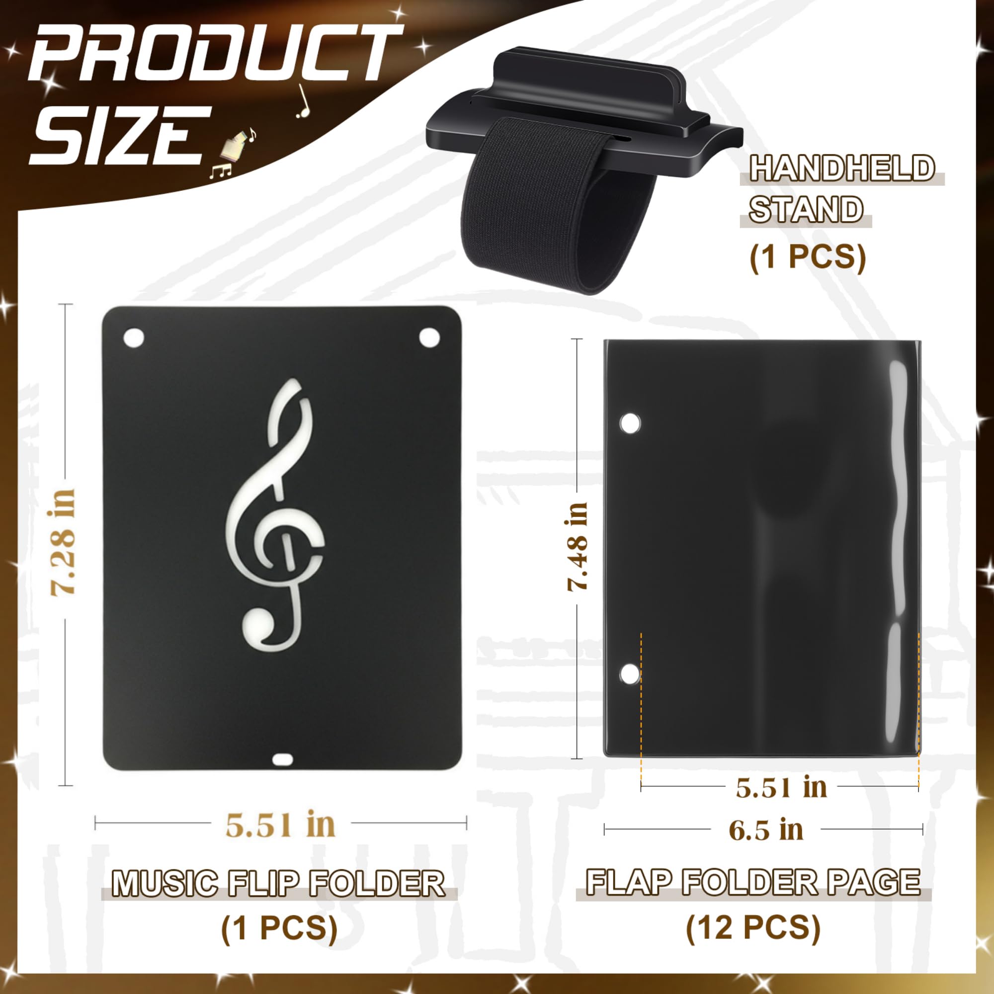 Canlierr Flute Lyre Flip Folder for Marching Band, 12 Pcs Waterproof 7.5 x 6.5 inches Double Sided Flip Folio Folder Pages with 2 Holes Adjustable Sheet Music Stand Holder for Clarinet Trumpet (Black)