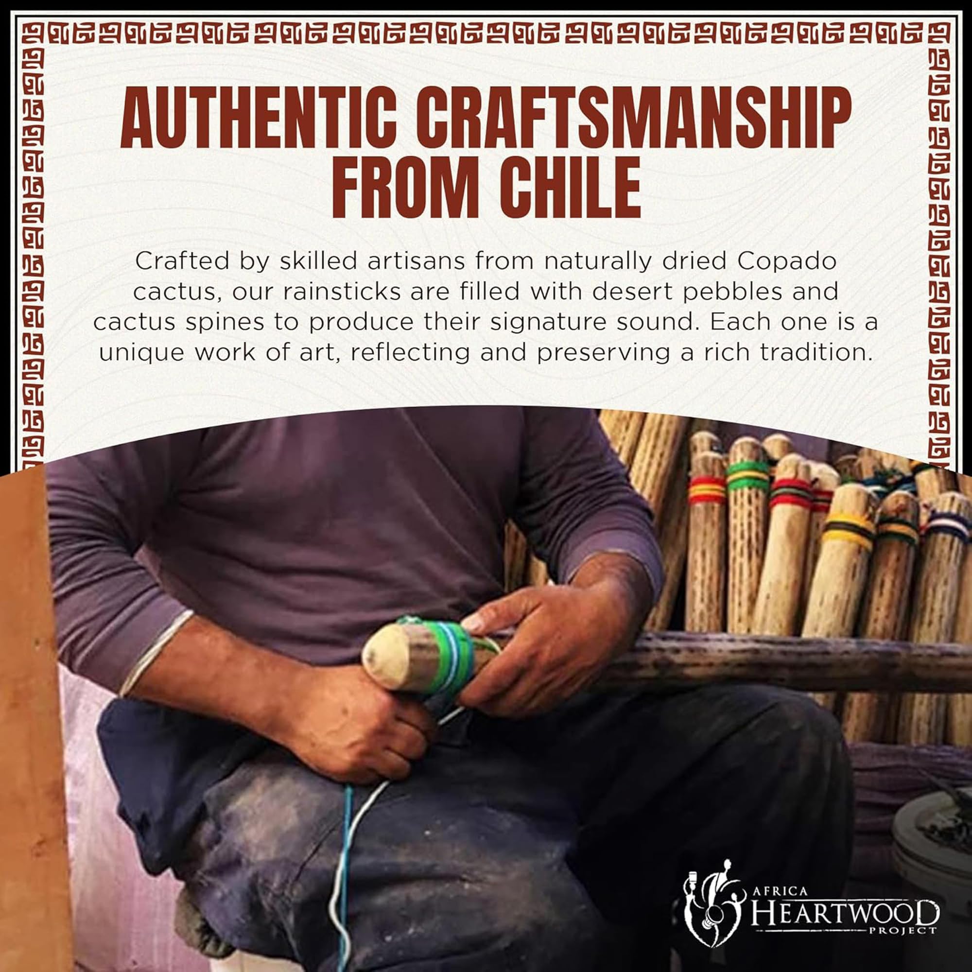 Africa Heartwood Project 15″ Cactus Rainstick from Chile – Authentic Handcrafted Rain Stick Musical Instrument with Rasta Yarn Wrap and Durable Sealant