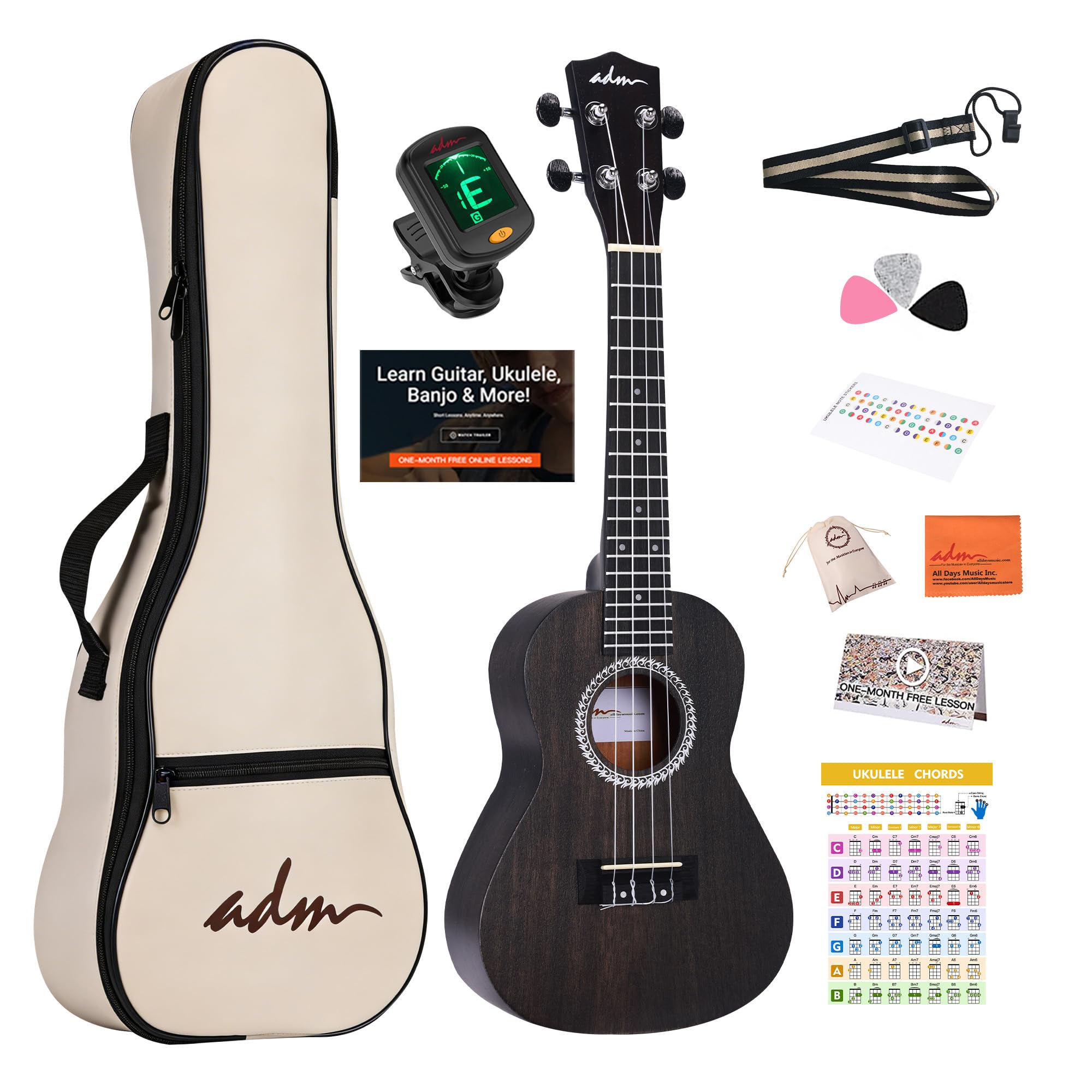 ADM Ukulele Beginner Kit Mahogany Hawaiian Wood Ukelele Bundle Ukalalee Set with Uke Free Starter Lessons for kids Students and Adults, Yellow Brown (Red Wine, 23 inch)