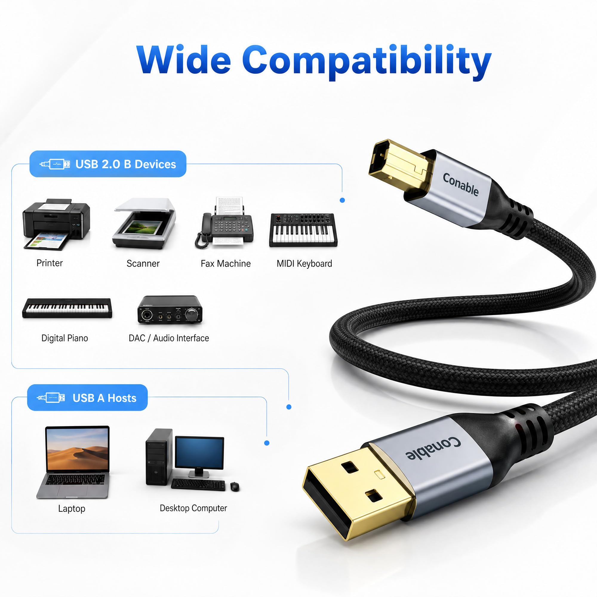 USB A to USB B Cable 2FT, Braided USB Printer Cord, USB A to MIDI Cable High-Speed, Braided, Gold Plated Connector, Compatible with HP, Canon, Brother, Samsung, Dell, Epson, Lexmark, Xerox, and More