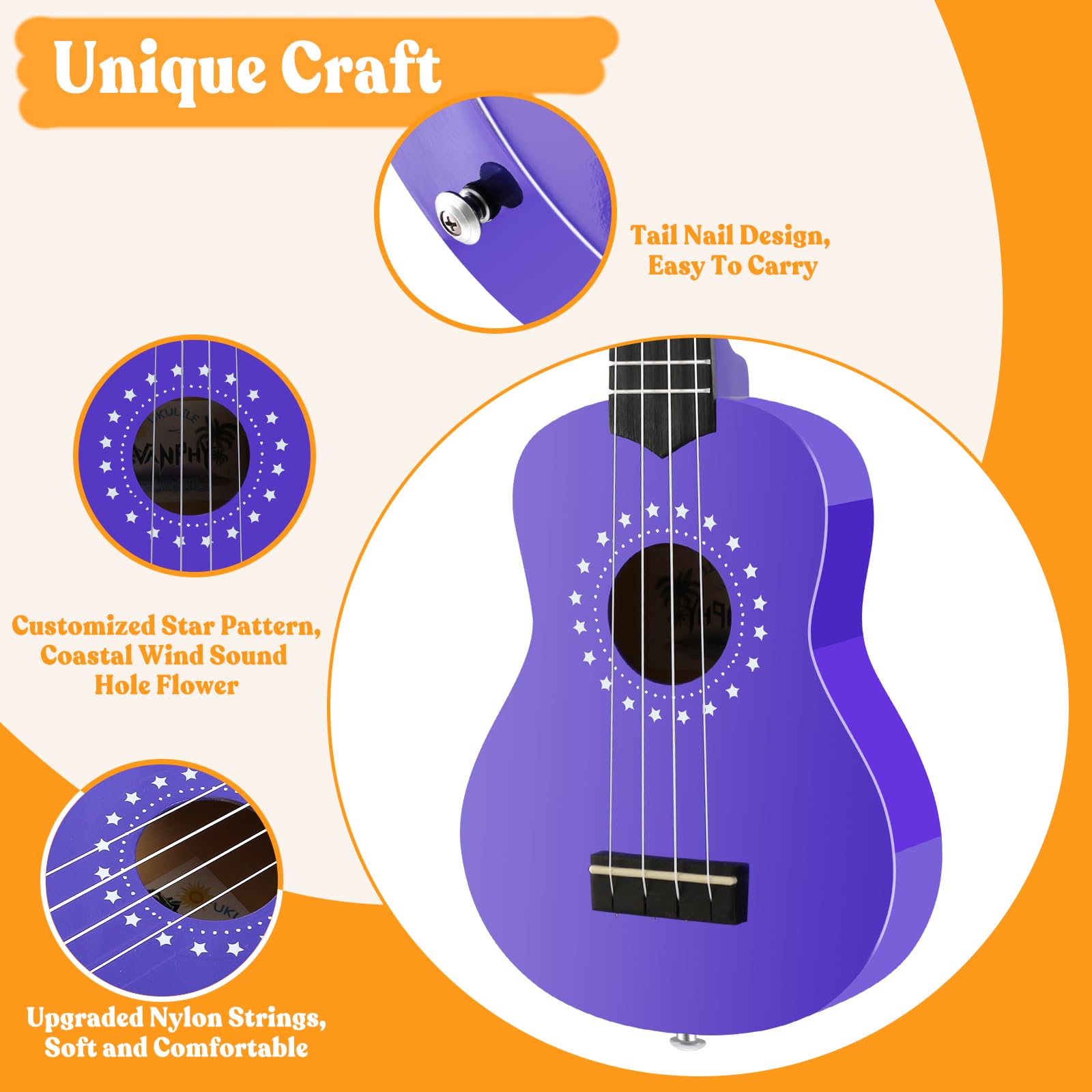 VANPHY Soprano Ukulele for Kids 21 Inch Ukelele with Bag Strap Picks Songbook Cleaning Cloth Suitable for Adults and Beginners(Purple)