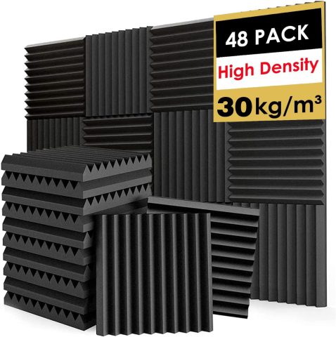 FONESO Acoustic Panels, High Density Soundproof Foam Panels for Walls, Sound Absorbing Panels, Acoustic Foam Panels Fire Resistant for Studio Recording (Black, 1″x12″x12″ 48Pack)