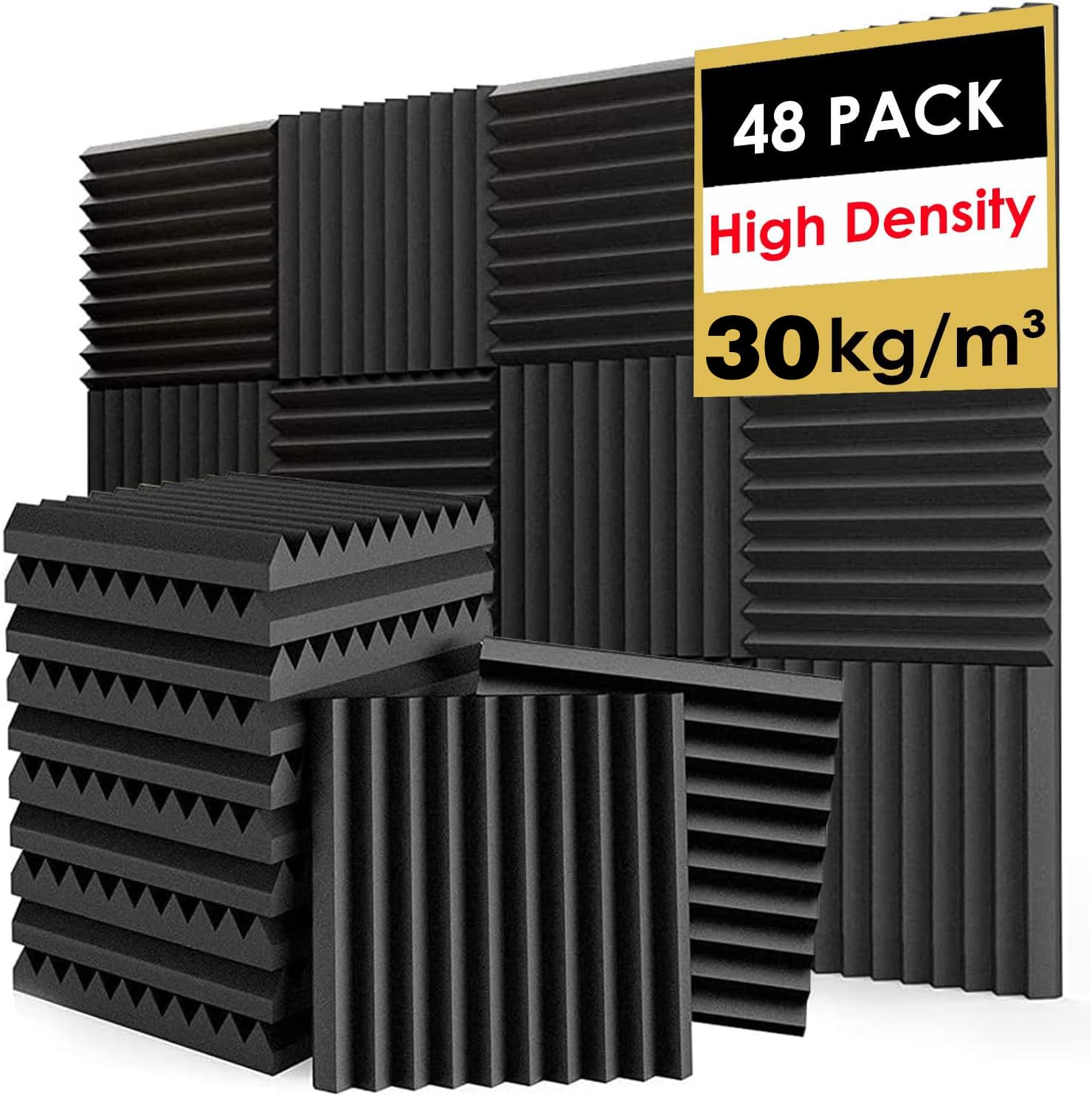 FONESO Acoustic Panels, High Density Soundproof Foam Panels for Walls, Sound Absorbing Panels, Acoustic Foam Panels Fire Resistant for Studio Recording (Black, 1″x12″x12″ 48Pack)