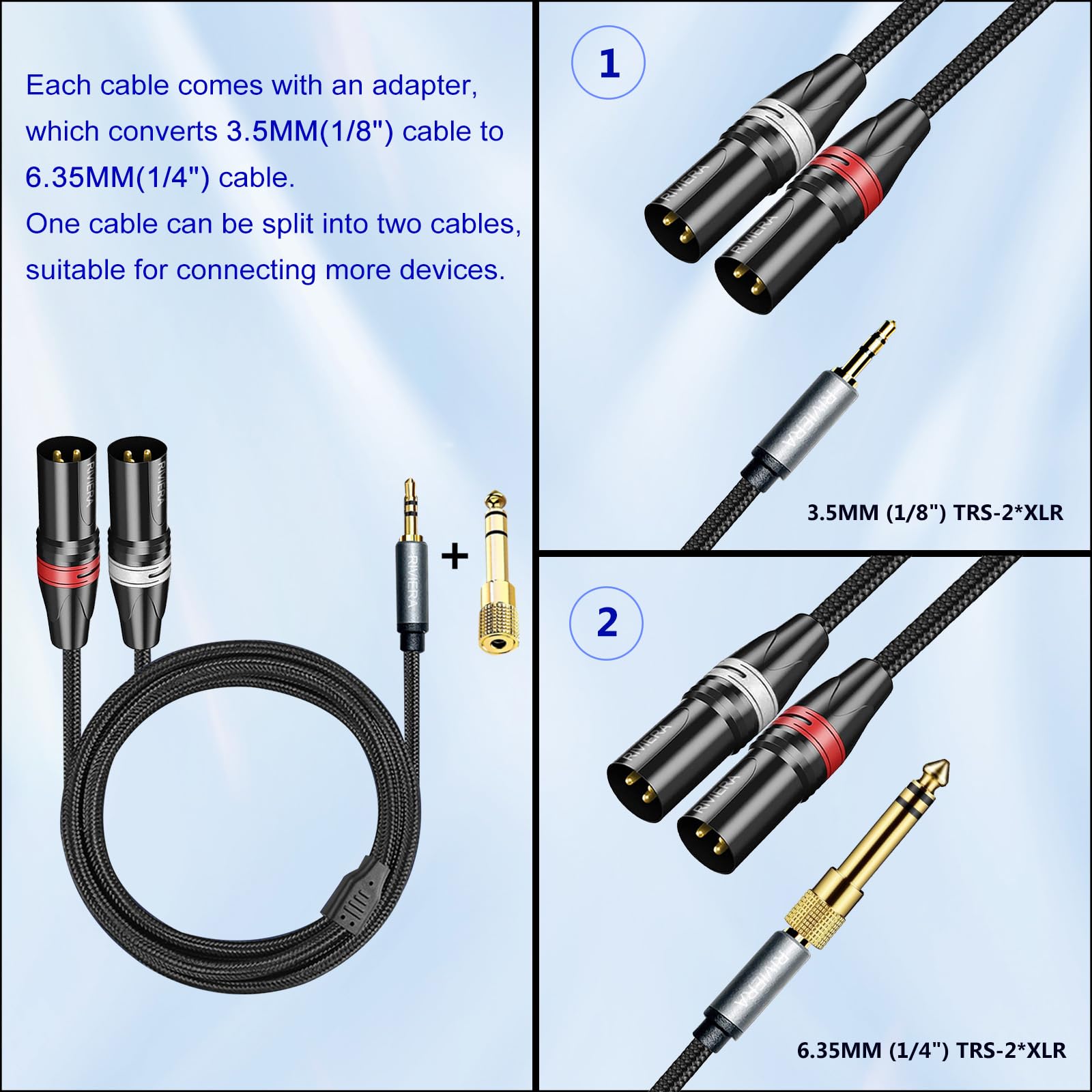 RIVIERA 10FT/3.0M Audio Cable 1/8 Inch 3.5mm Stereo TRS to Dual XLR Male Y-Splitter Adaptor Interconnect Patch Cord with Nylon Braid Aux Jacket and Sheild Wire Low Noise for Muscial Instrument