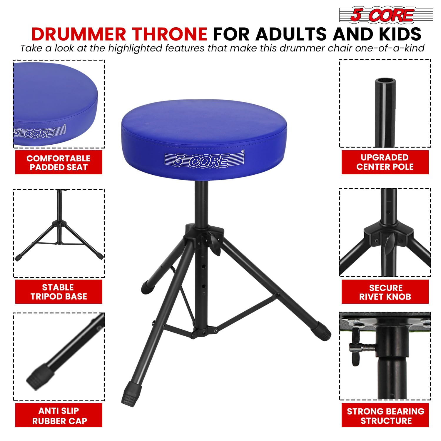 5 CORE Drum Throne Thick 3 Inch Padded Drum Seat Height Adjustable Drumming Stools with Anti-Slip Feet Drummers Chair for Practice and Performance Blue – DS 01 BLU