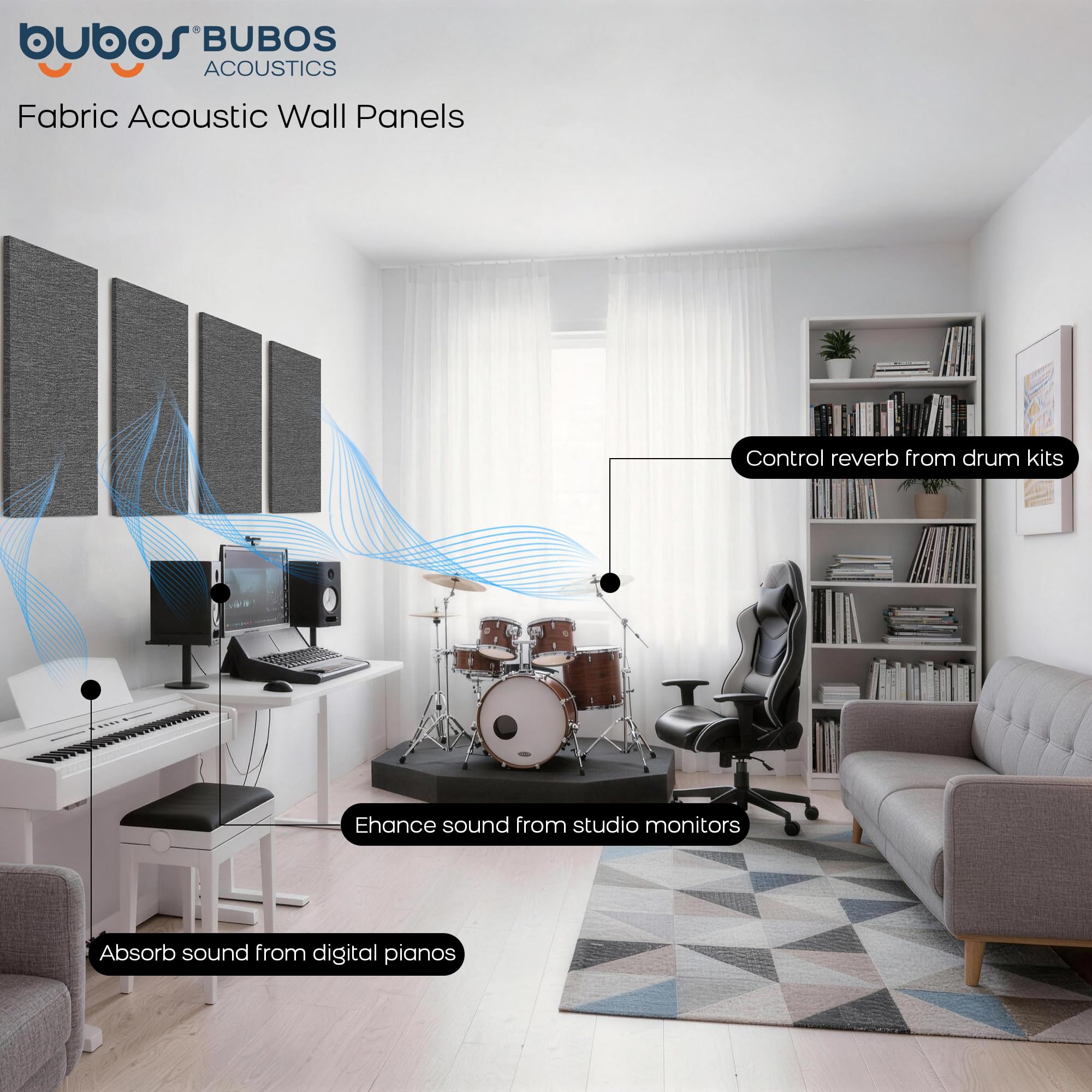 BUBOS 4-Pack Fabric Acoustic Panels 23.6×11.8×1″, Self-Adhesive Sound Panel