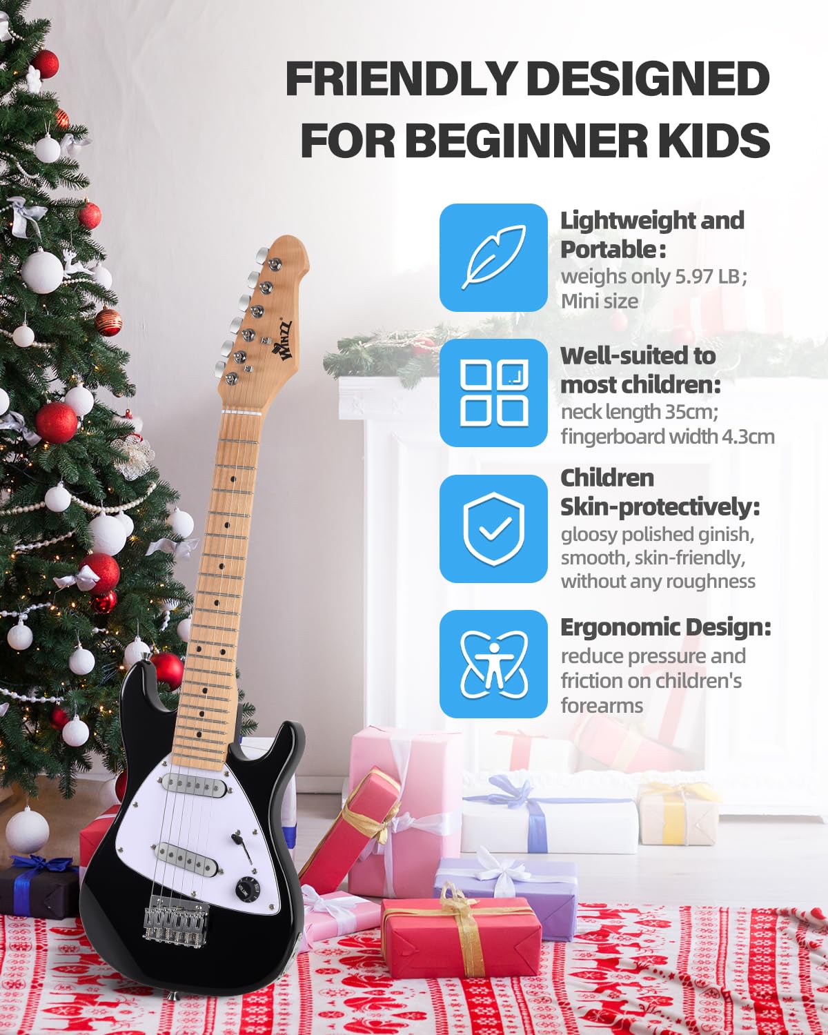 Winzz 30 Inch Kids Electric Guitar Beginner Kit, Junior 1/4 Size Mini Electric Guitar for Children Complete Stater Set with Amp, Gloosy Black Colour