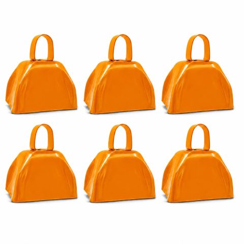 The Dreidel Company Orange Metal Cowbell Noisemaker Cheering Bell, New Years, School Classroom, Wedding Bells & Chimes Percussion Musical Instruments Call Bell Alarm, 3″ (6-Pack)