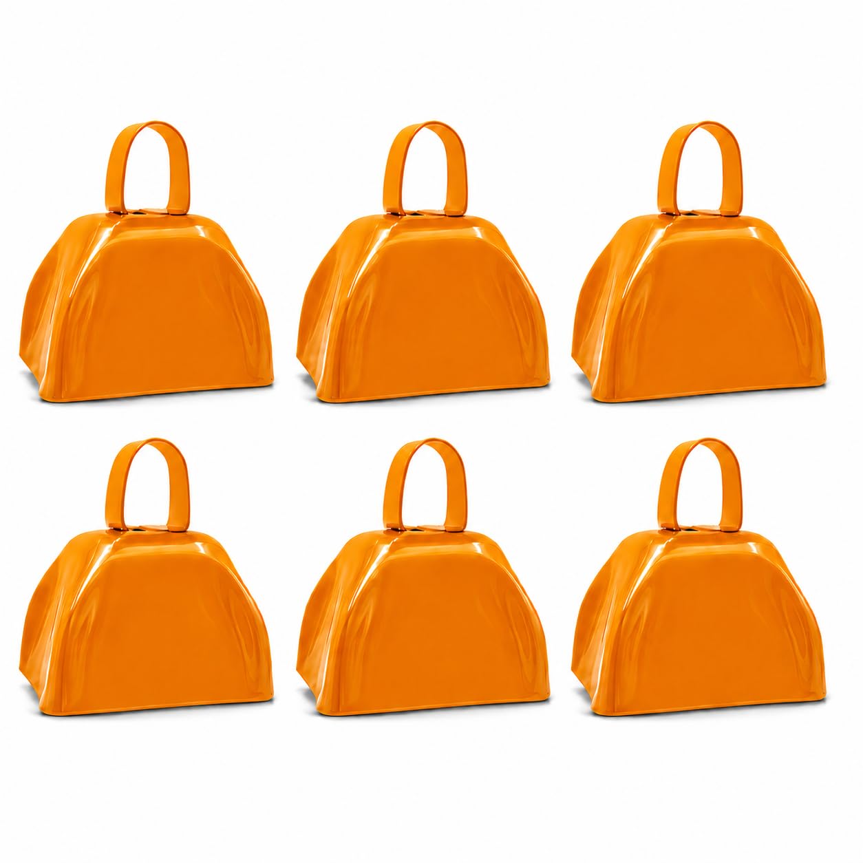 The Dreidel Company Orange Metal Cowbell Noisemaker Cheering Bell, New Years, School Classroom, Wedding Bells & Chimes Percussion Musical Instruments Call Bell Alarm, 3″ (6-Pack)