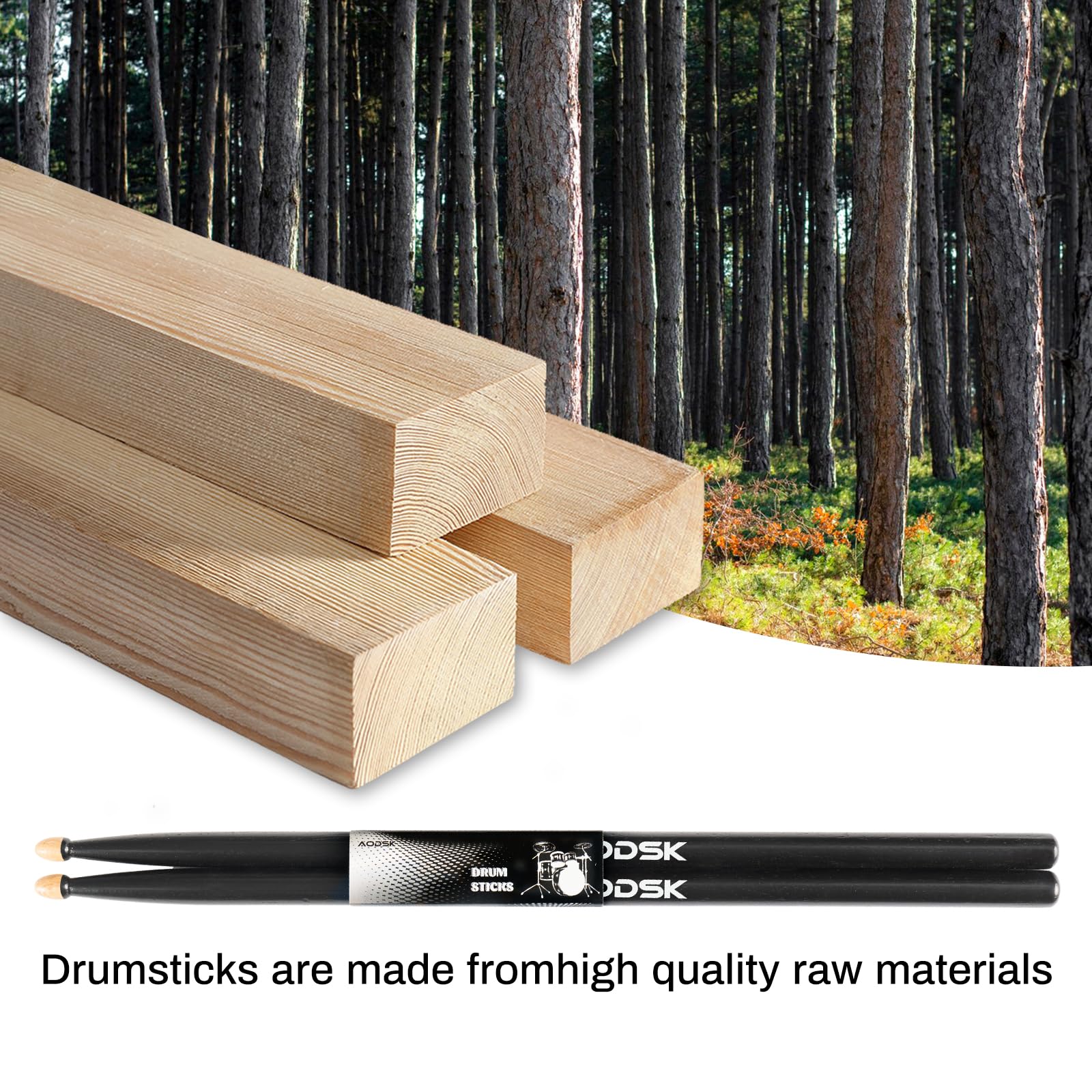 AODSK 5A Drum Sticks, Hickory Wood, Tear Drop Tip, 2 Pairs, Black & White