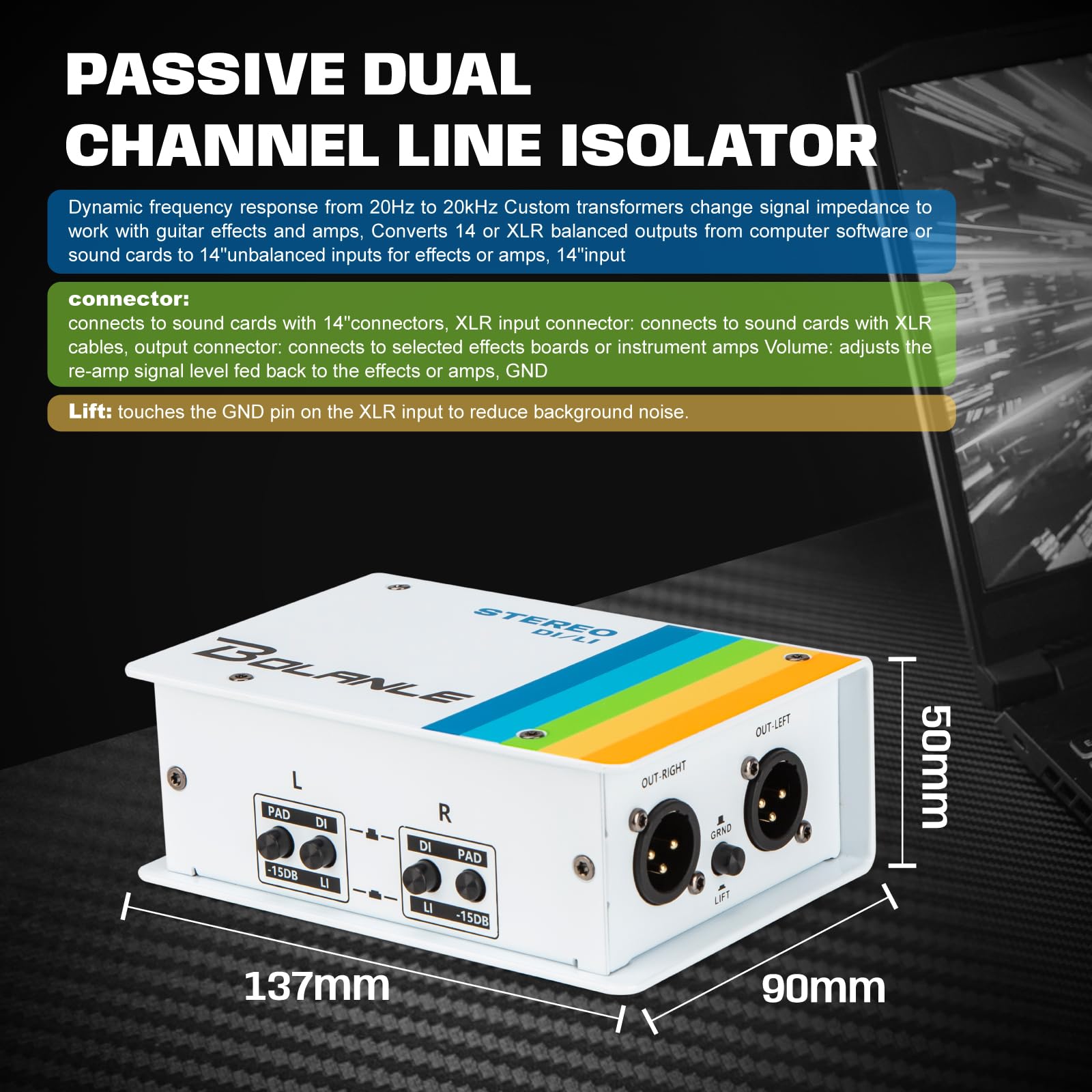Bolanle Passive DI/LI Stereo Direct Box and Line Isolator, Multi Guitar