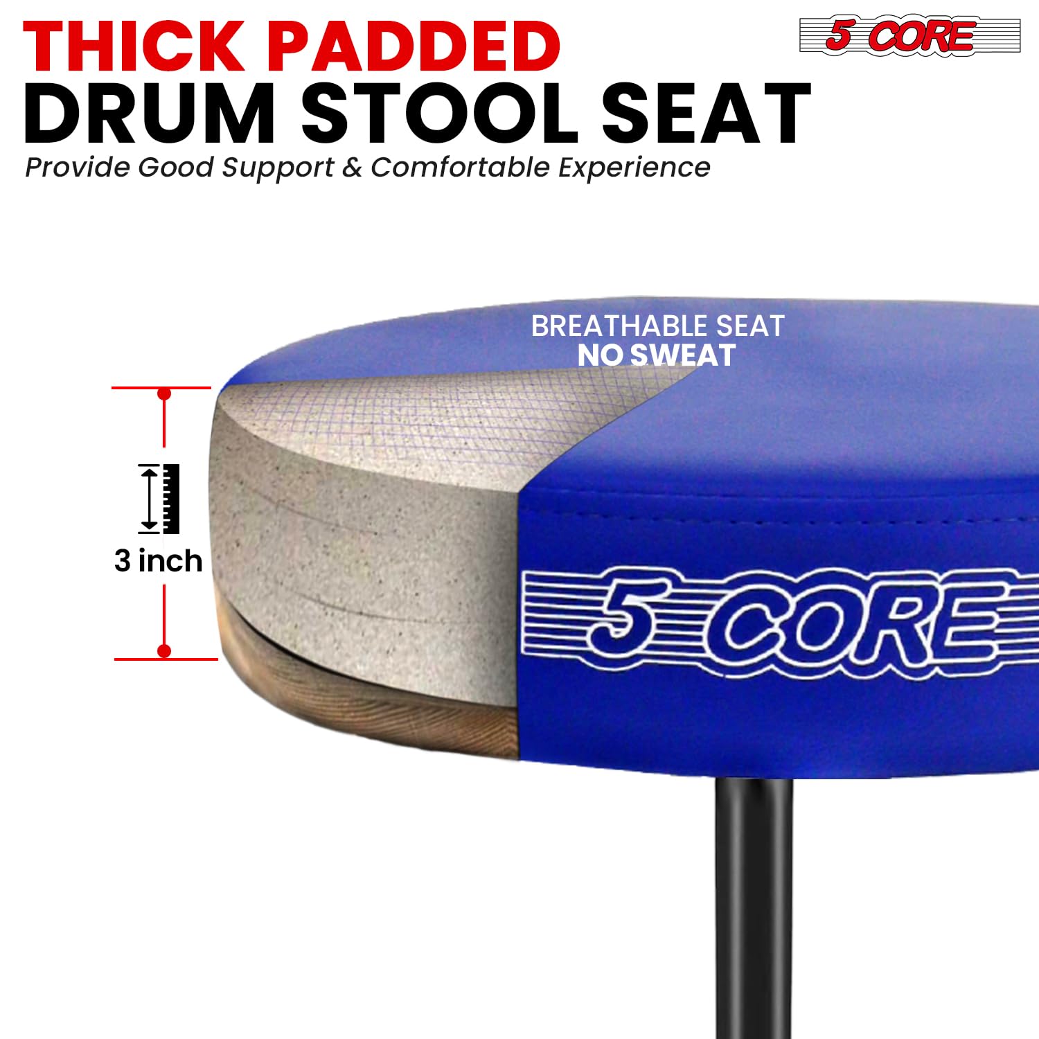 5 CORE Drum Throne Thick 3 Inch Padded Drum Seat Height Adjustable Drumming Stools with Anti-Slip Feet Drummers Chair for Practice and Performance Blue – DS 01 BLU