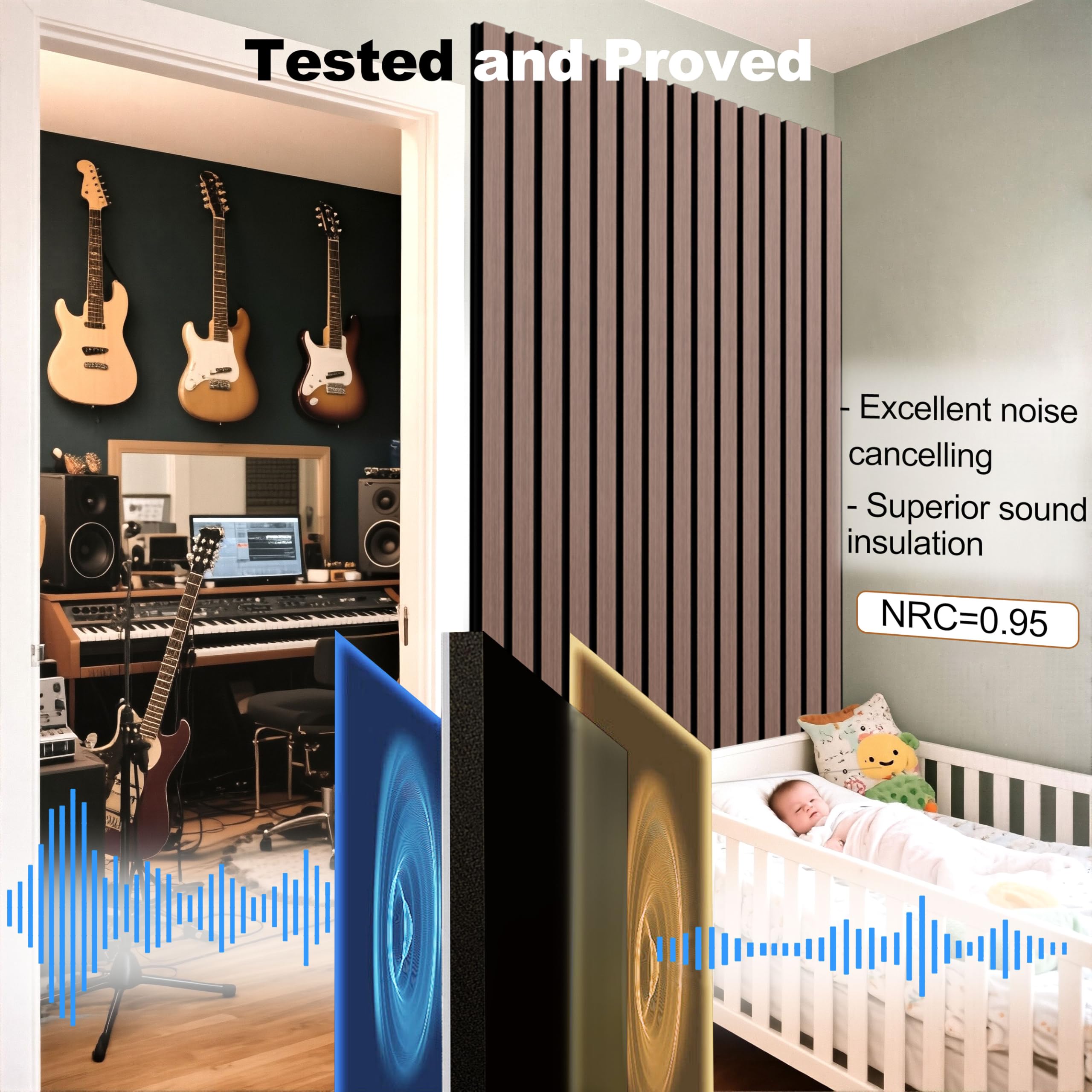 Fivaz 4 Pcs 94″ × 11″ Wood Panels for Wall, Soundproof Wood Slat Wall Paneling, Stylish Decor Acoustic Wall Panels for Wall and Ceiling, Odor-Free & Easy to Install, Dark Walnut
