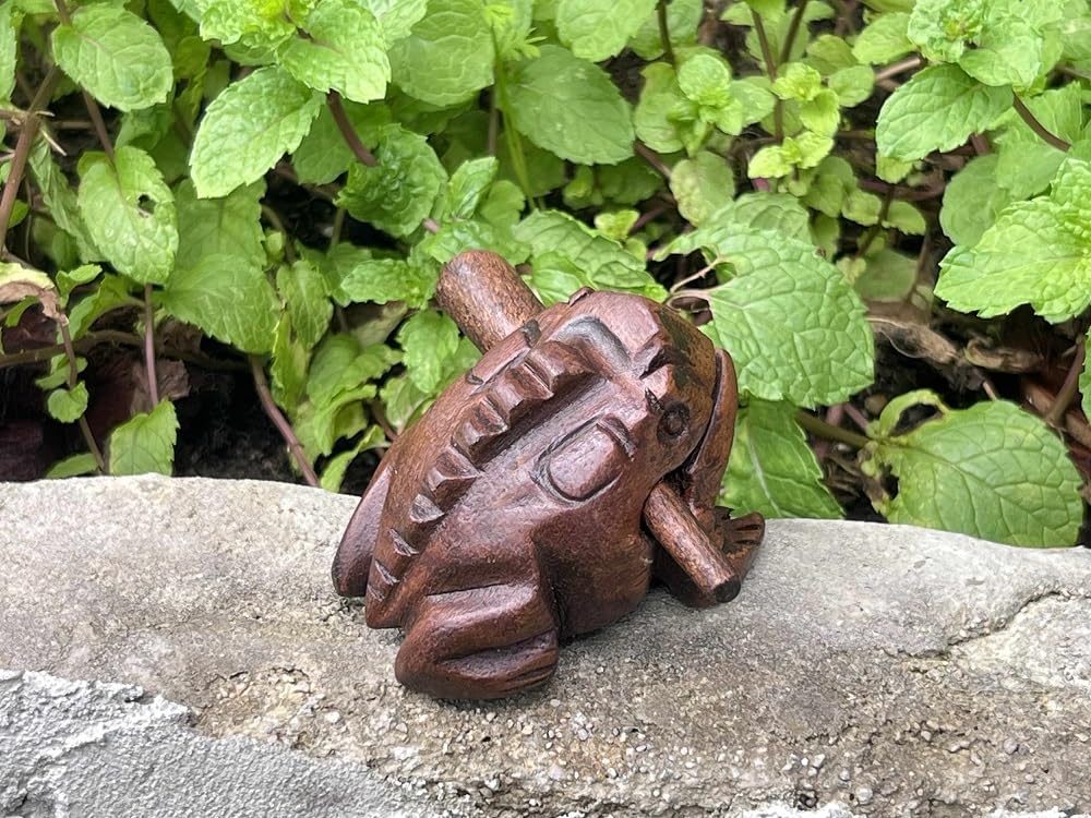 2.75 Inch Dark Brown Wooden Frog Guiro Percussion Instrument with Scraper Stick, Hand Carved Wood Frog Noise Maker for Music Education, Classroom, Meditation.