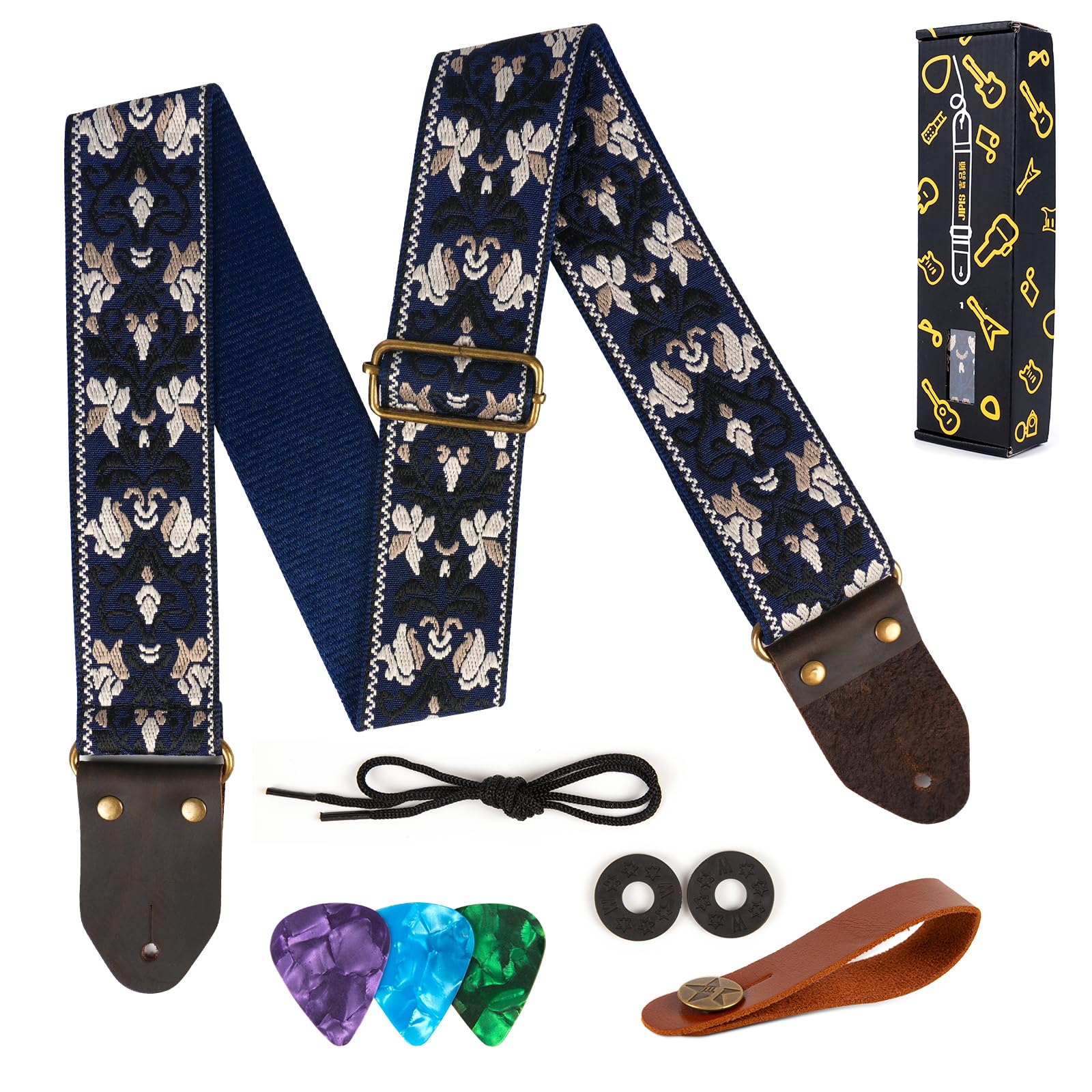 Guitar Strap,Jacquard Cotton Guitar Straps with Real Leather Ends for Acoustic,Electric Guitars and Bass,with Free 1 Head strap, 2 Anti Slip Buckle and 3 Guitar Picks(GS-75-3 Deep Blue Jacquard)
