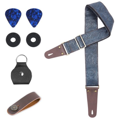 LIZIMANDU Adjustable Guitar Strap Includes 2 Strap Locks & 2 Matching Picks & 1 Picks Holder & 1 leather Strap Button(1-Carving Blue)