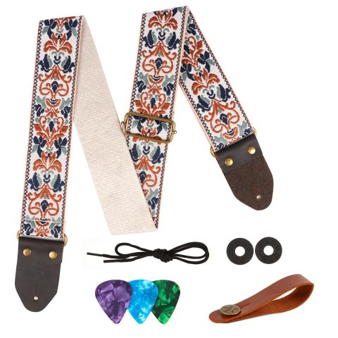 JIPIS Guitar Strap,Jacquard Cotton Guitar Straps with Real Leather Ends for Acoustic,Electric Guitars and Bass,with Free 1 Head Strap, 2 Anti Slip Buckle and 3 Guitar Picks (GS-75-6 Classic Jacquard)